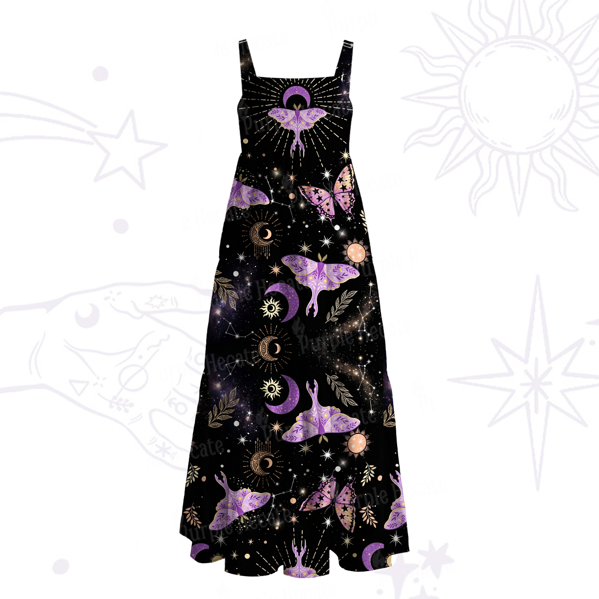 Purplehecate Starry Night Lunar Moth Wide Straps Maxi Dress