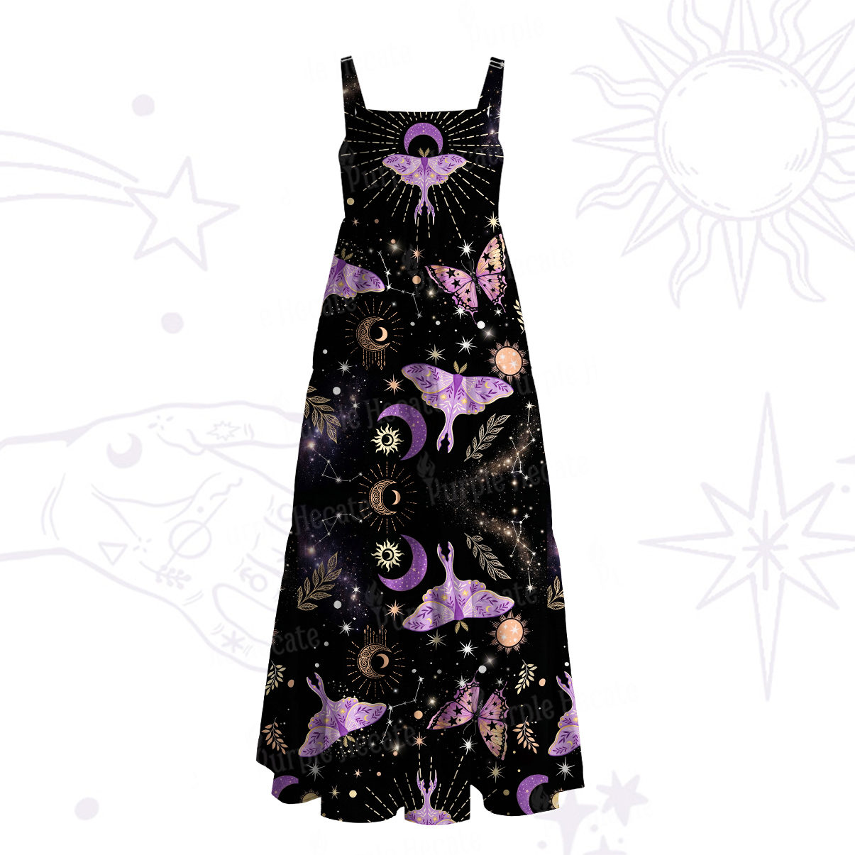 Purplehecate Starry Night Lunar Moth Wide Straps Maxi Dress
