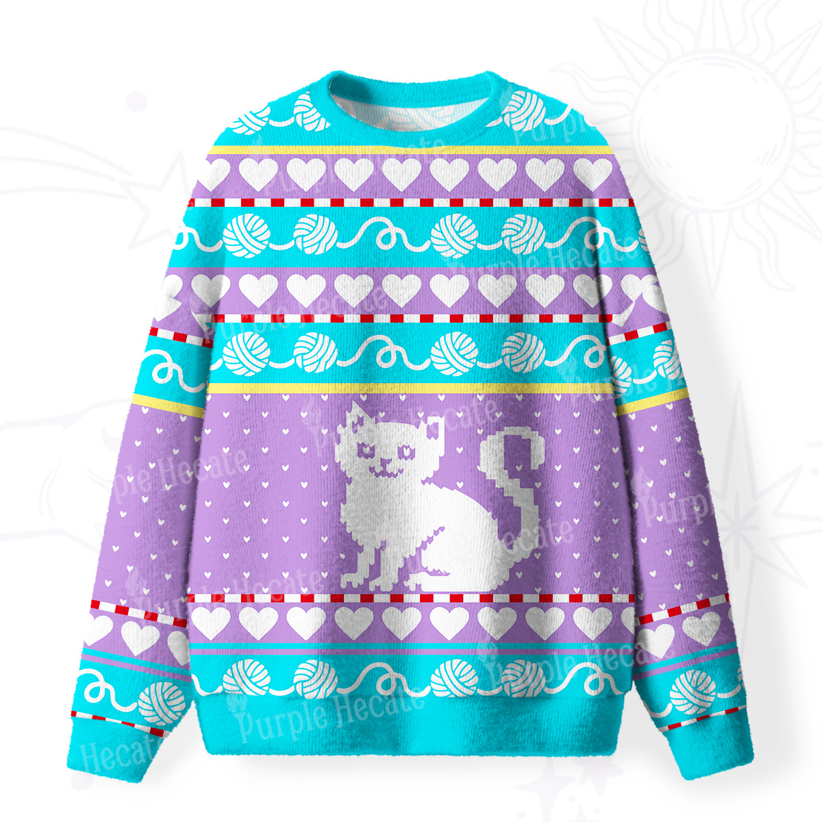 Purplehecate Whimsical Cat and Yarn Fuzzy Ugly Sweatshirt