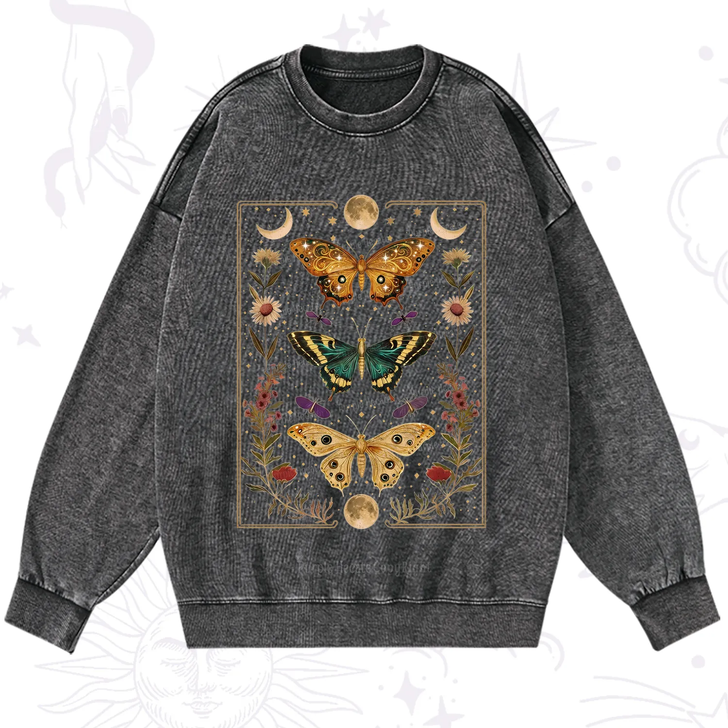 Purplehecate Sun and Moon Butterfly Washed Sweatshirt