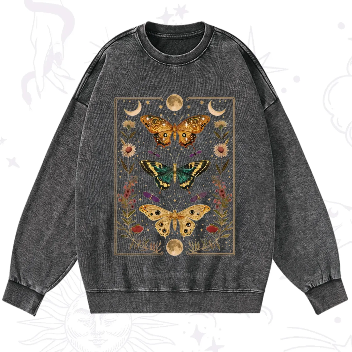 Purplehecate Sun and Moon Butterfly Washed Sweatshirt