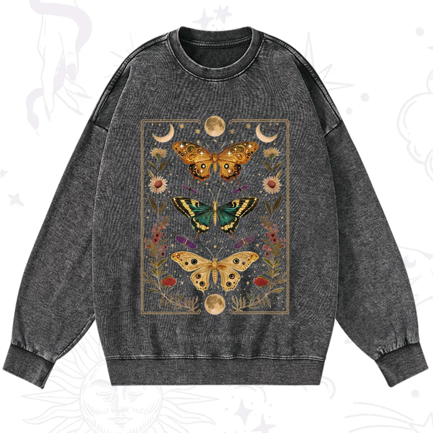 Purplehecate Sun and Moon Butterfly Washed Sweatshirt
