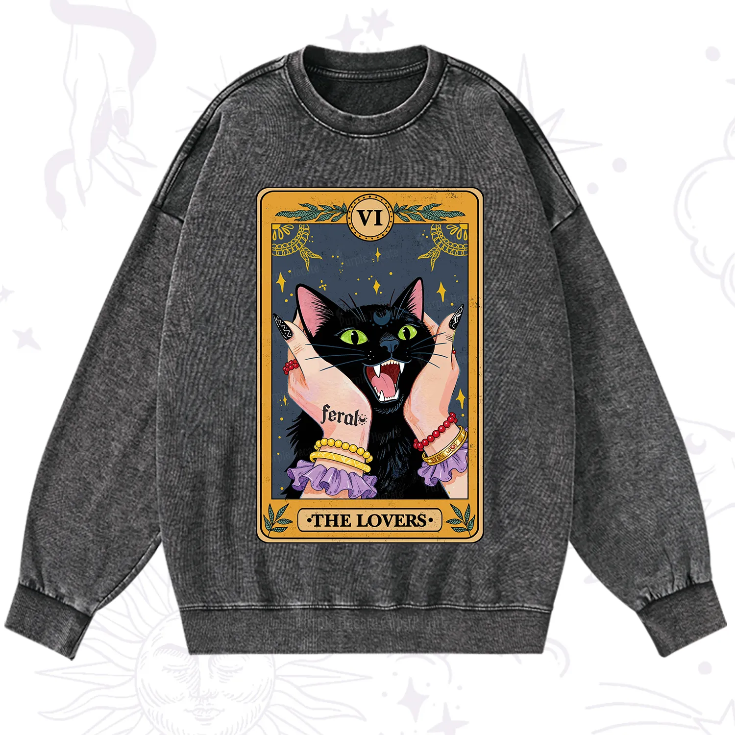 Purplehecate The Lovers Tarot Feral Cat Washed Sweatshirt