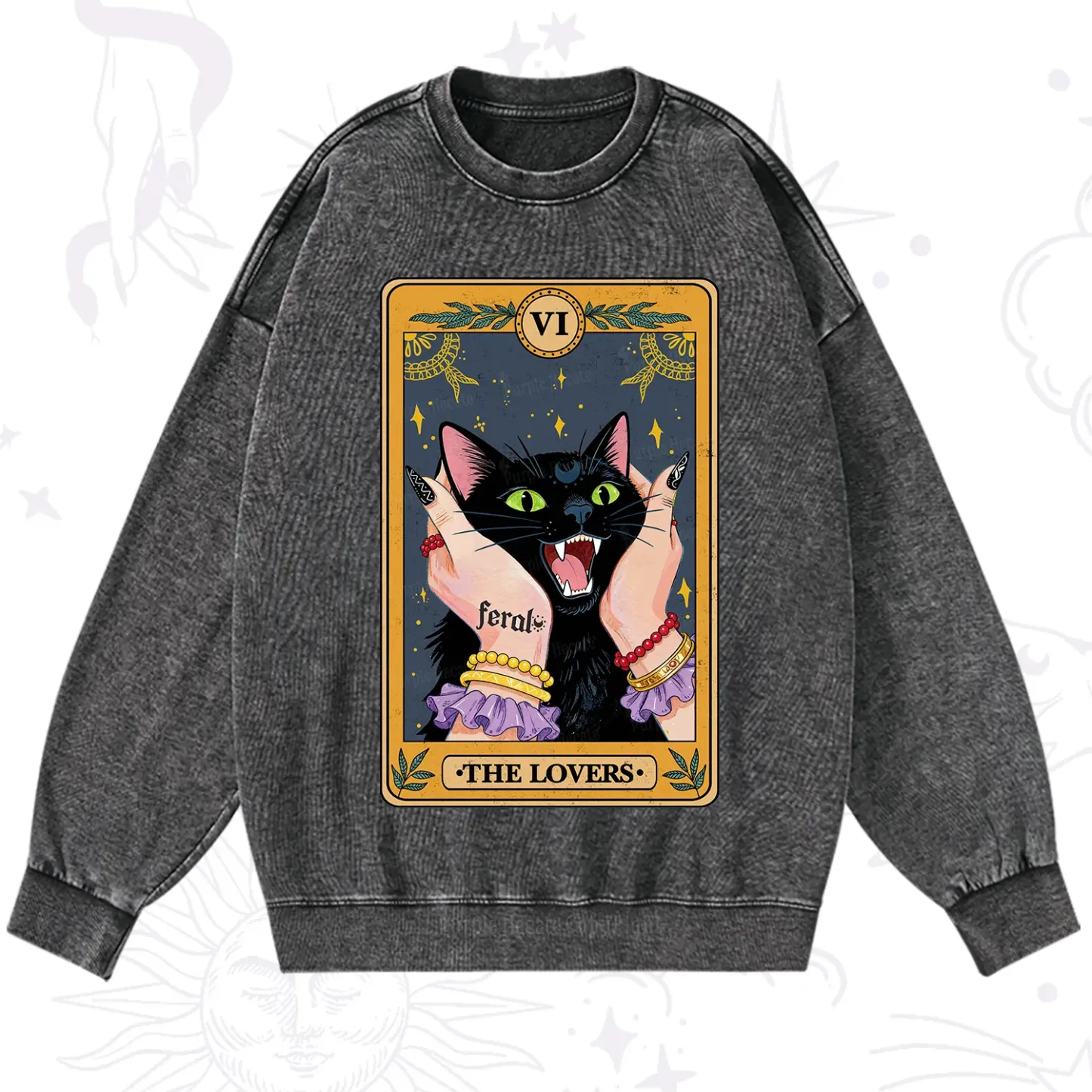 Magic Purplehecate The Lovers Tarot Feral Cat Washed Sweatshirt
