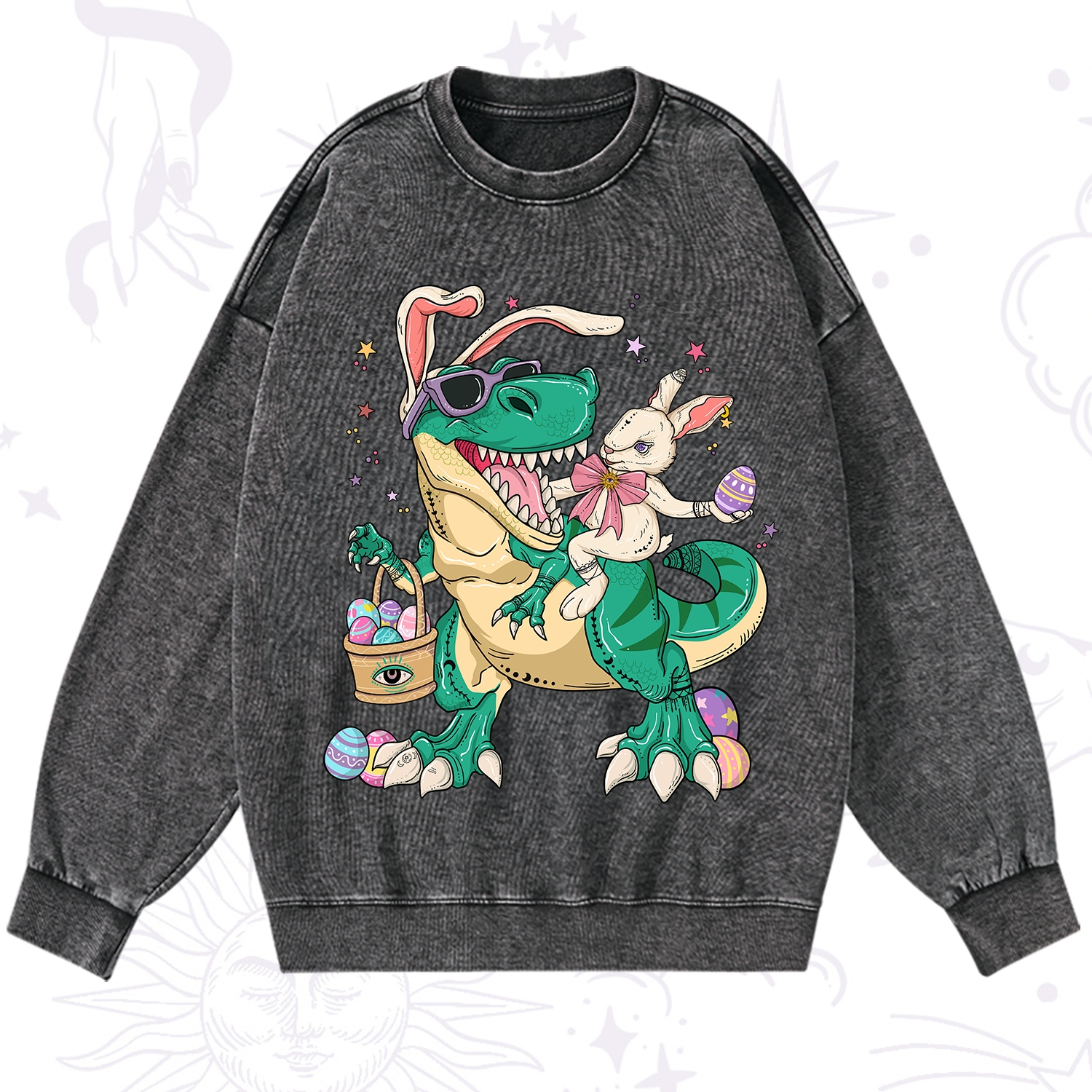 Purplehecate Easter Bunny Riding Dinosaur Washed Sweatshirt