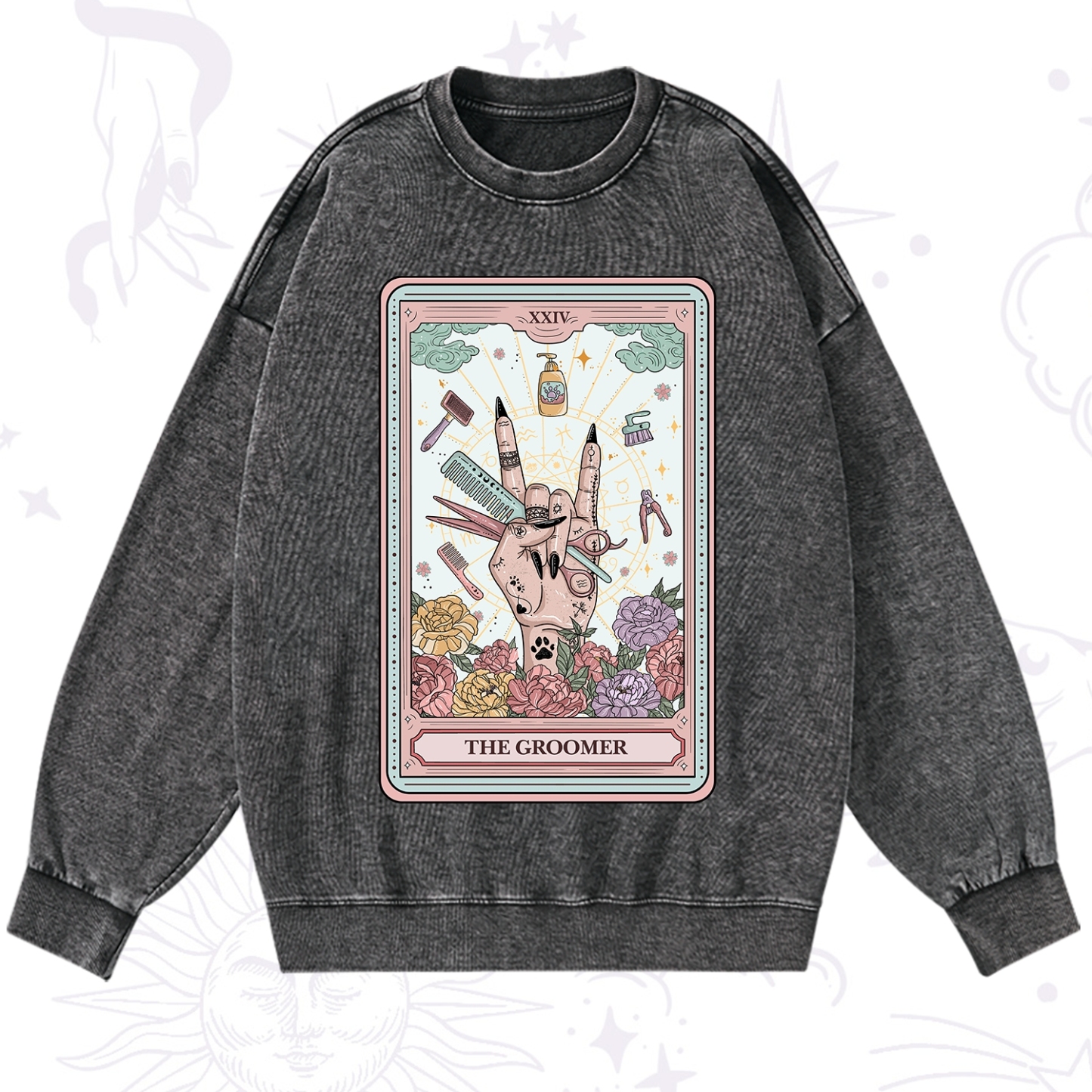 Purplehecate The Pet Groomer Tarot Card Washed Sweatshirt