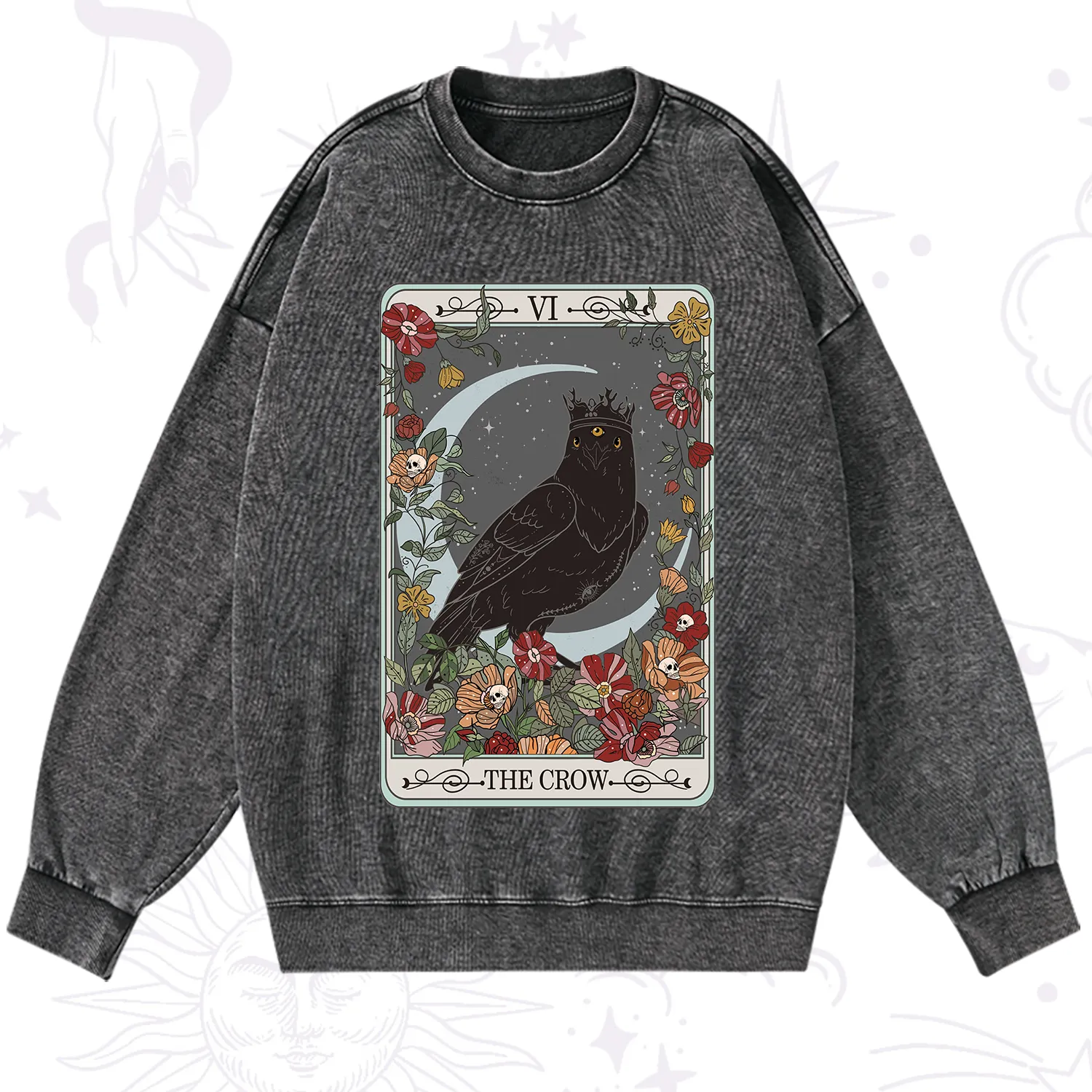 Purplehecate The Crow Tarot Card Washed Sweatshirt
