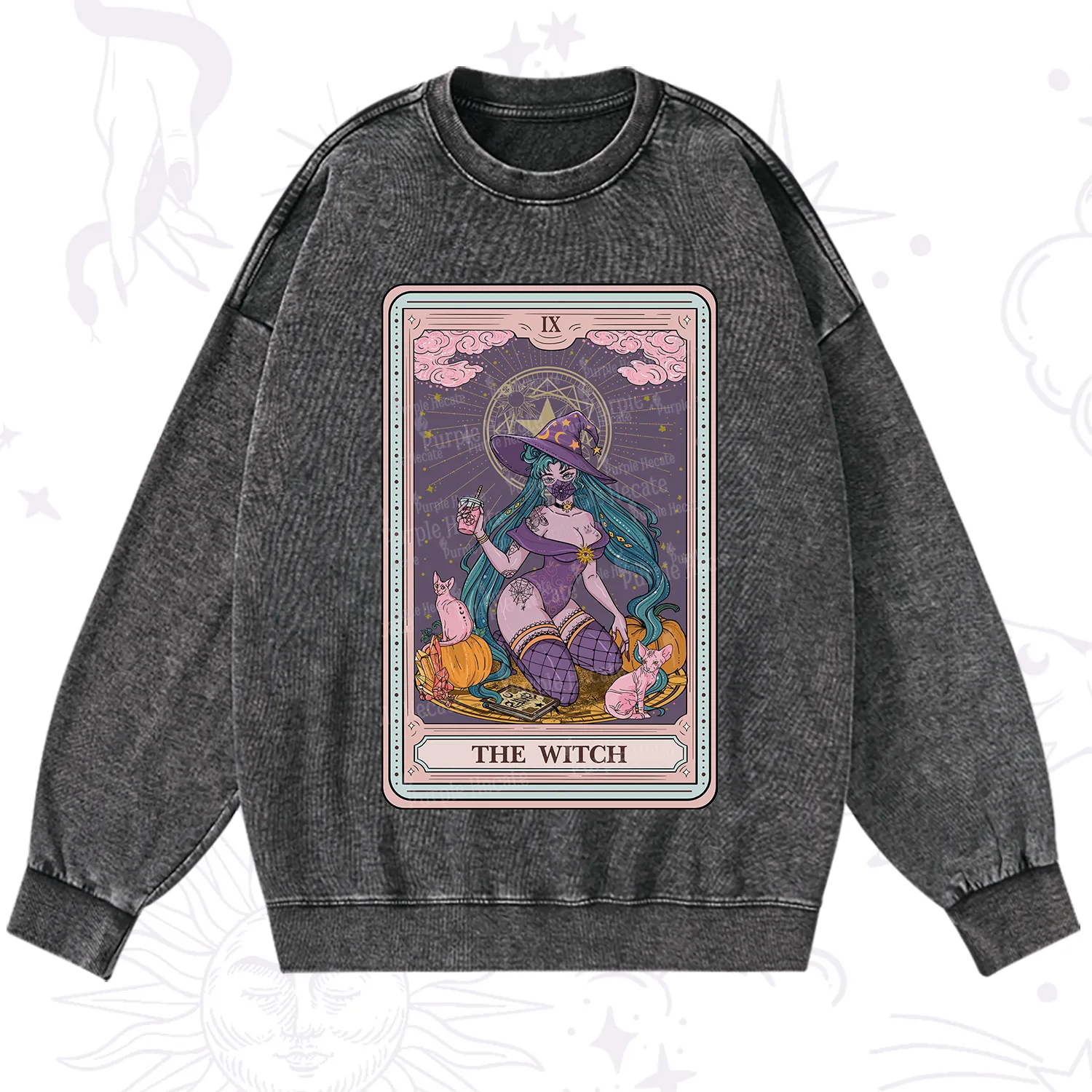 Purplehecate The Witch Tarot Halloween Washed Sweatshirt
