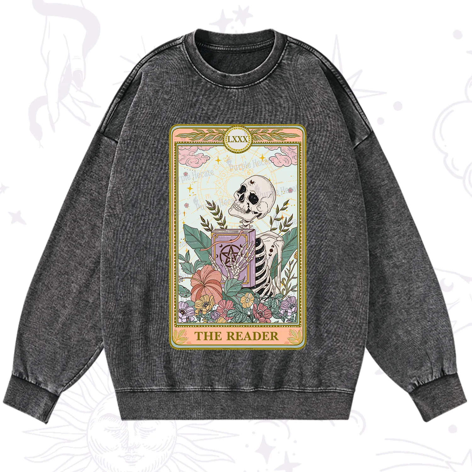 Purplehecate The Reader Occult Tarot Skeleton Washed Sweatshirt