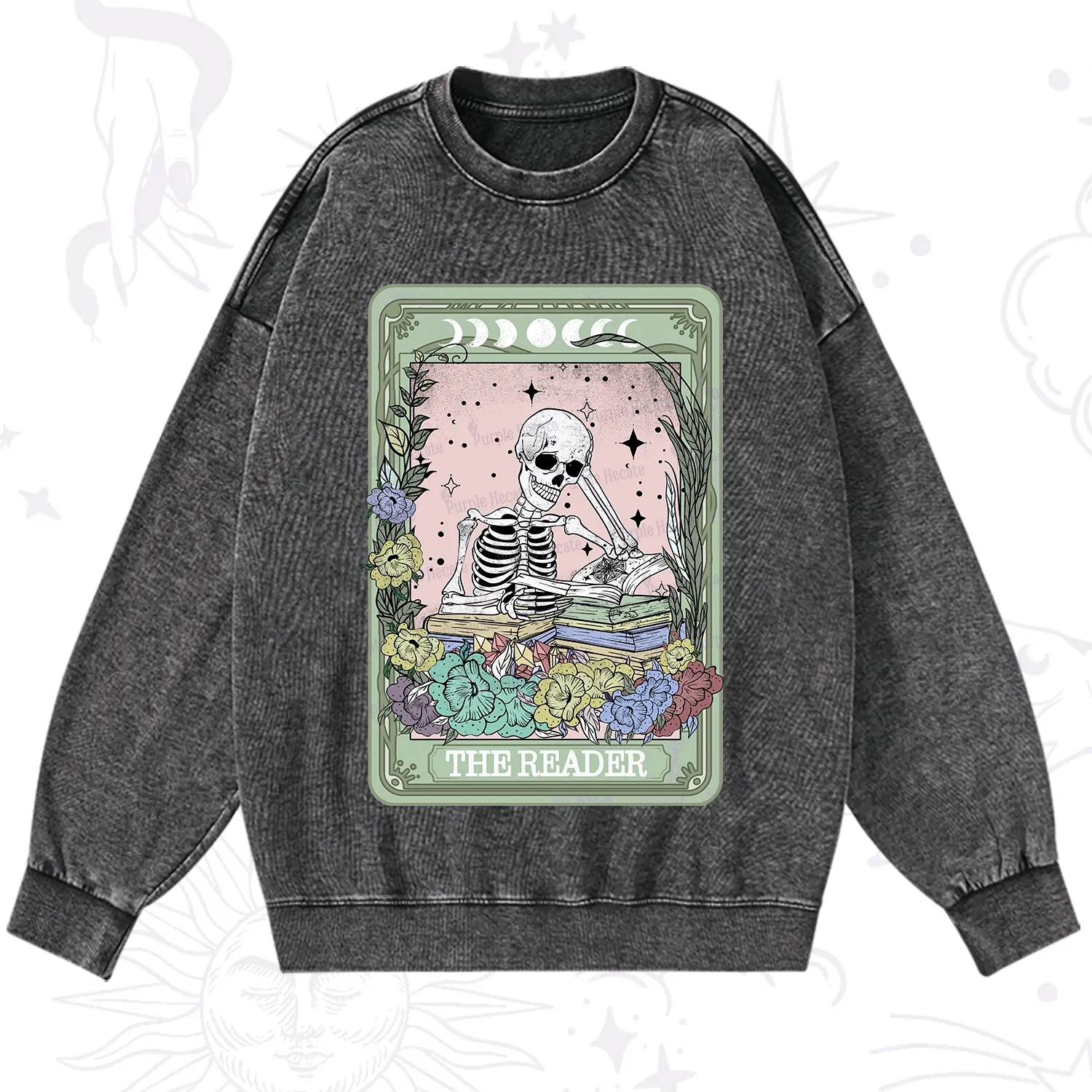 Purplehecate The Reader Bookworm Tarot Skeleton Washed Sweatshirt