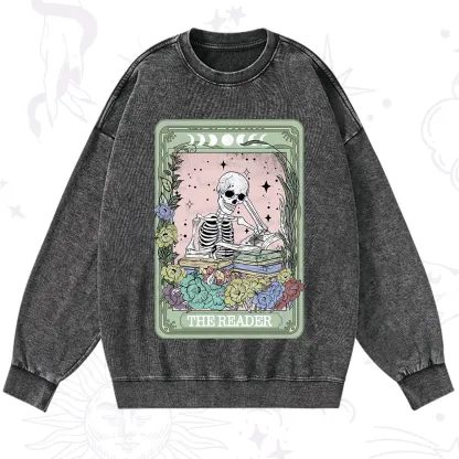 Purplehecate The Reader Bookworm Tarot Skeleton Washed Sweatshirt