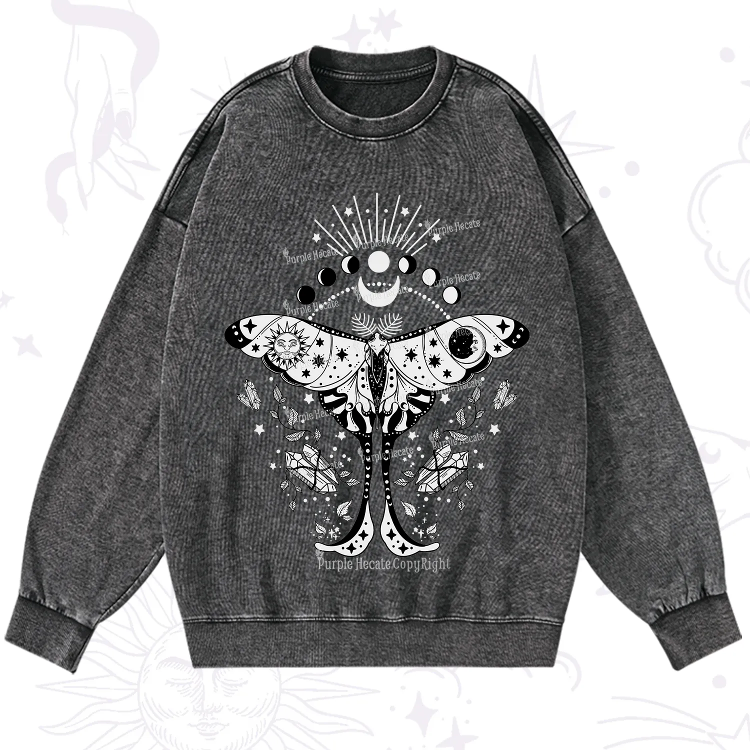 Purplehecate Moonlit Celestial Moth Washed Sweatshirt