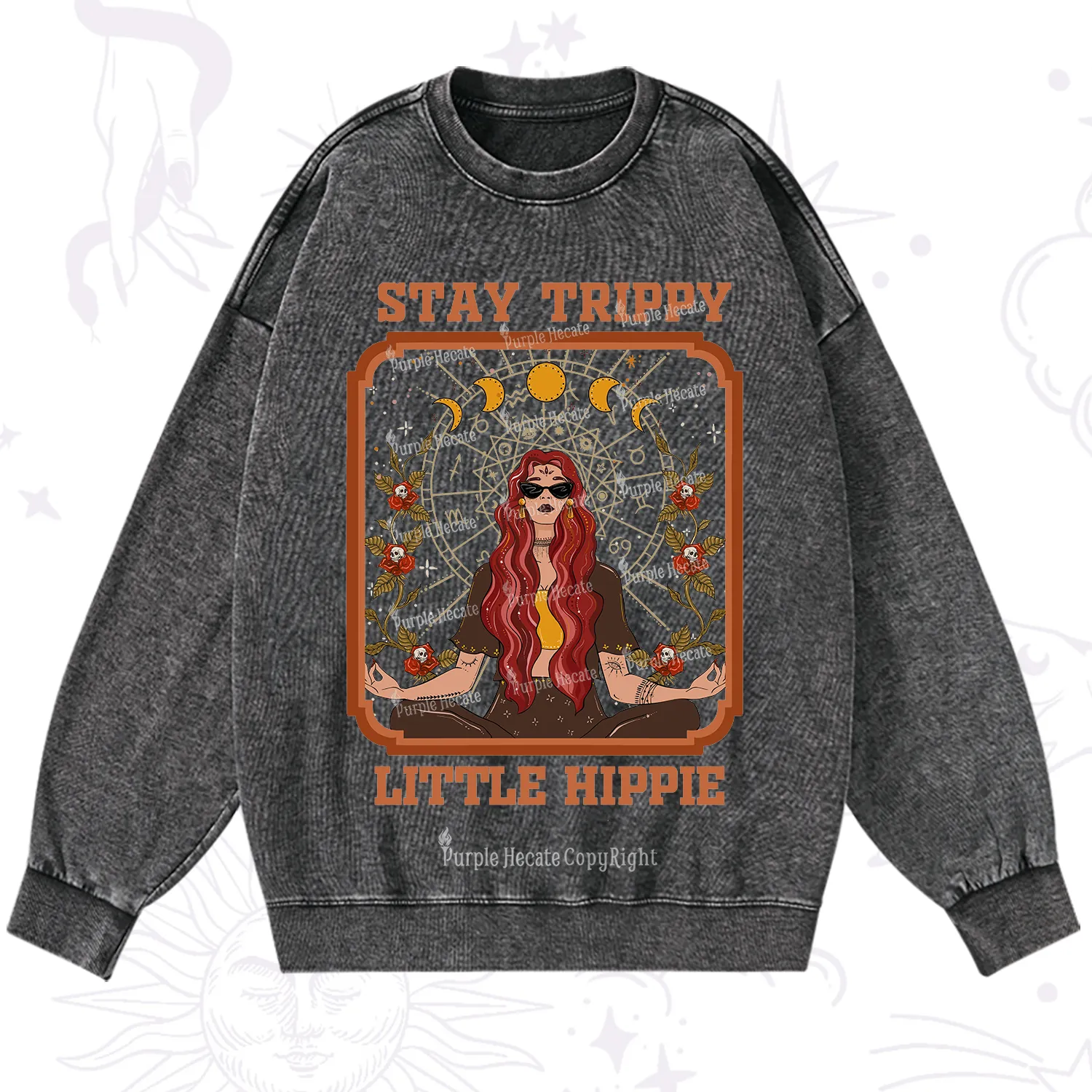 Purplehecate Stay Trippy Little Witchy Hippie Washed Sweatshirt