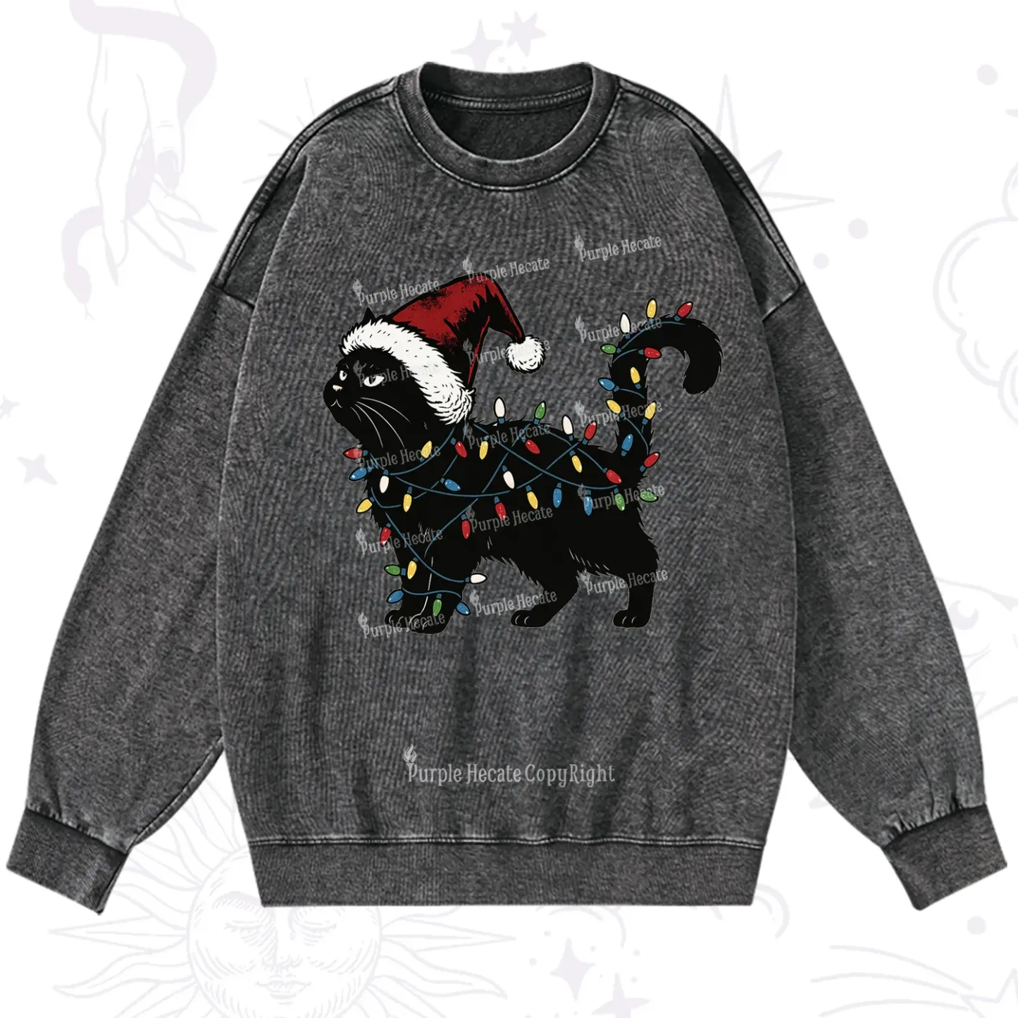 Purplehecate Cute Cat Christmas Washed Sweatshirt