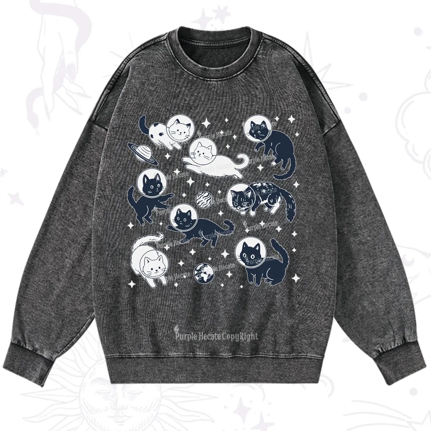 Purplehecate Cats in Space Washed Sweatshirt