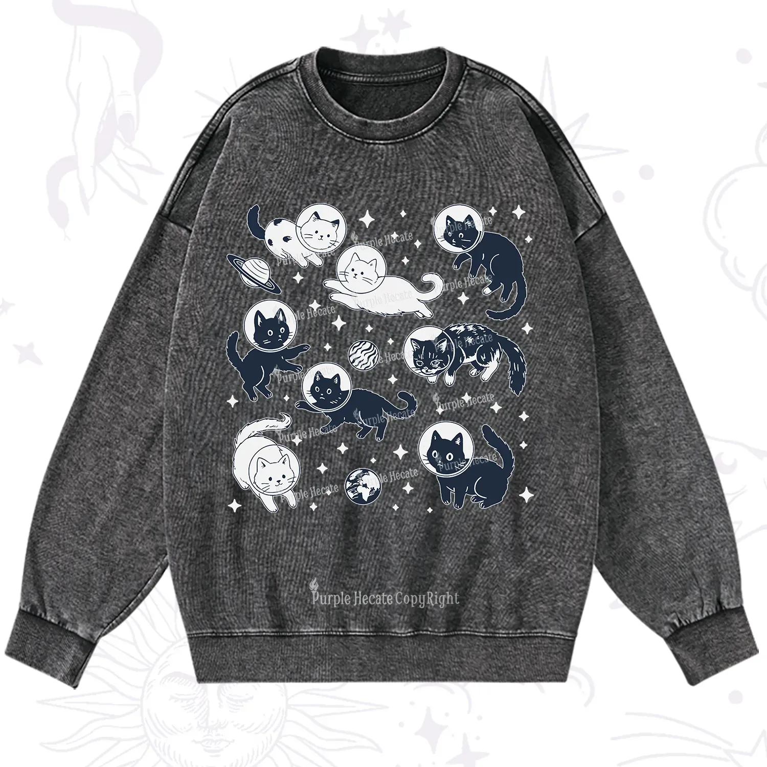Purplehecate Cats in Space Washed Sweatshirt