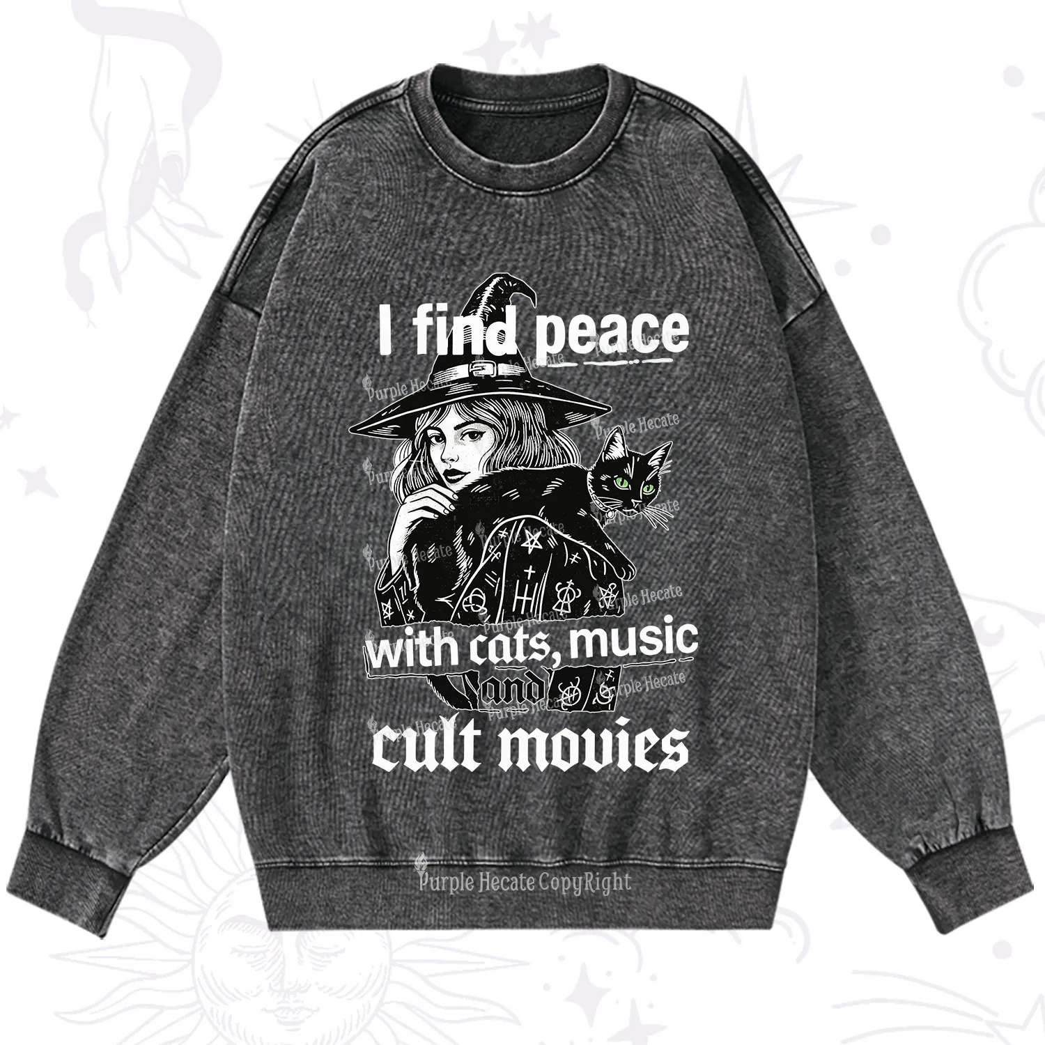 Purplehecate I Find Peace With Cats Music Cult Movies Washed Sweatshirt