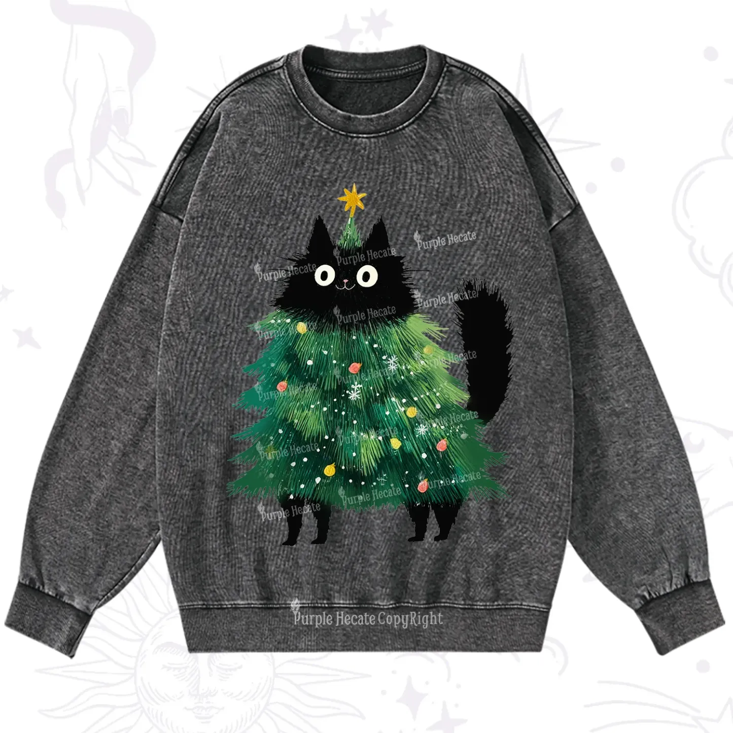 Purplehecate Black Cats Christmas Tree Christmas Washed Sweatshirt