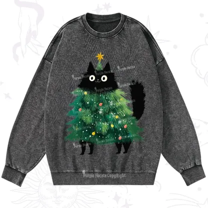 Purplehecate Black Cats Christmas Tree Christmas Washed Sweatshirt
