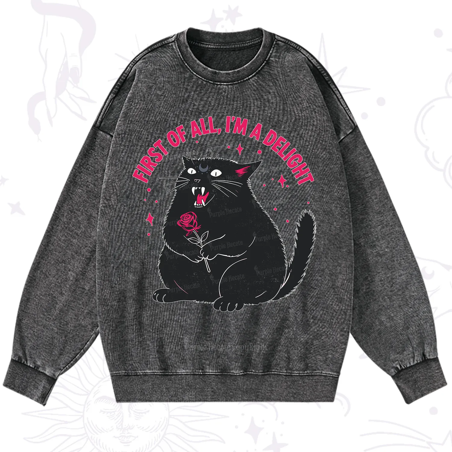 Purplehecate First Of All I'm A Delight Cat Washed Sweatshirt