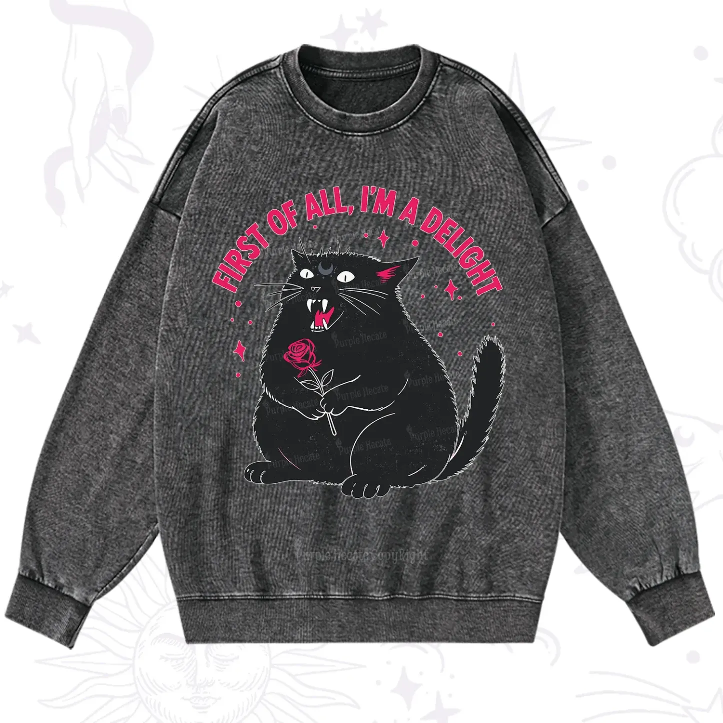 Purplehecate First Of All I'm A Delight Cat Washed Sweatshirt