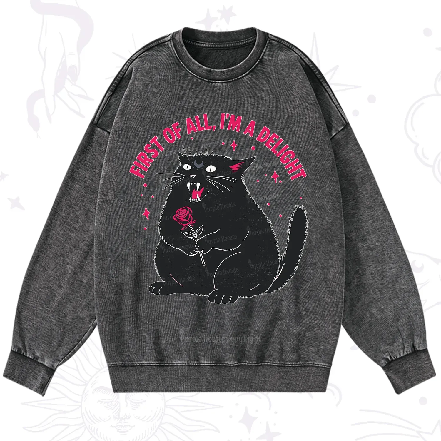 Purplehecate First Of All I'm A Delight Cat Washed Sweatshirt