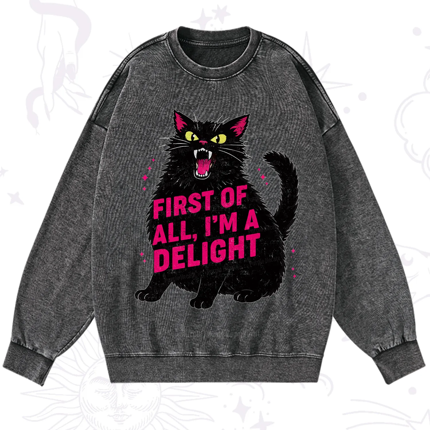 Purplehecate First Of All I'm A Delight Cat Washed Sweatshirt