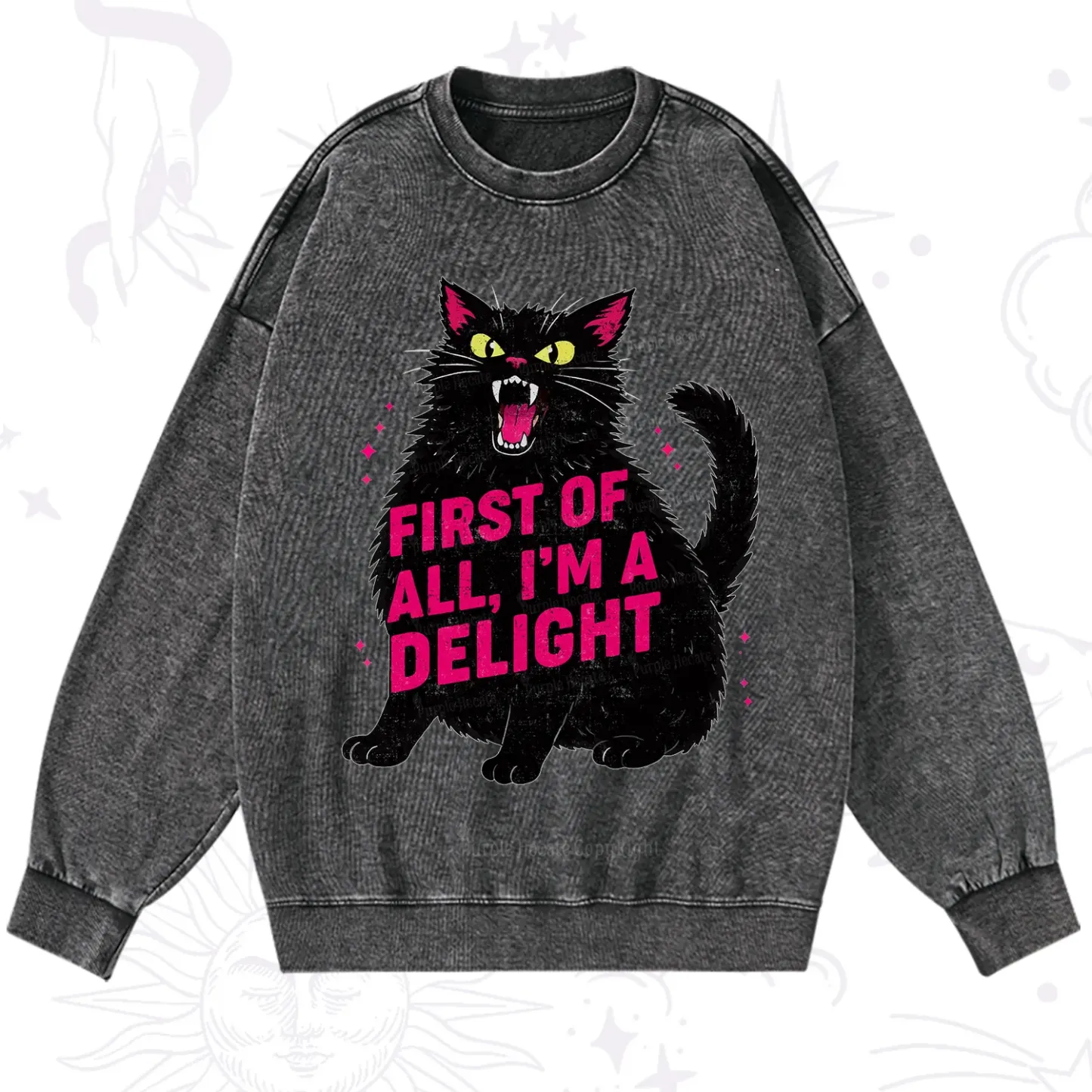 Purplehecate First Of All I'm A Delight Cat Washed Sweatshirt