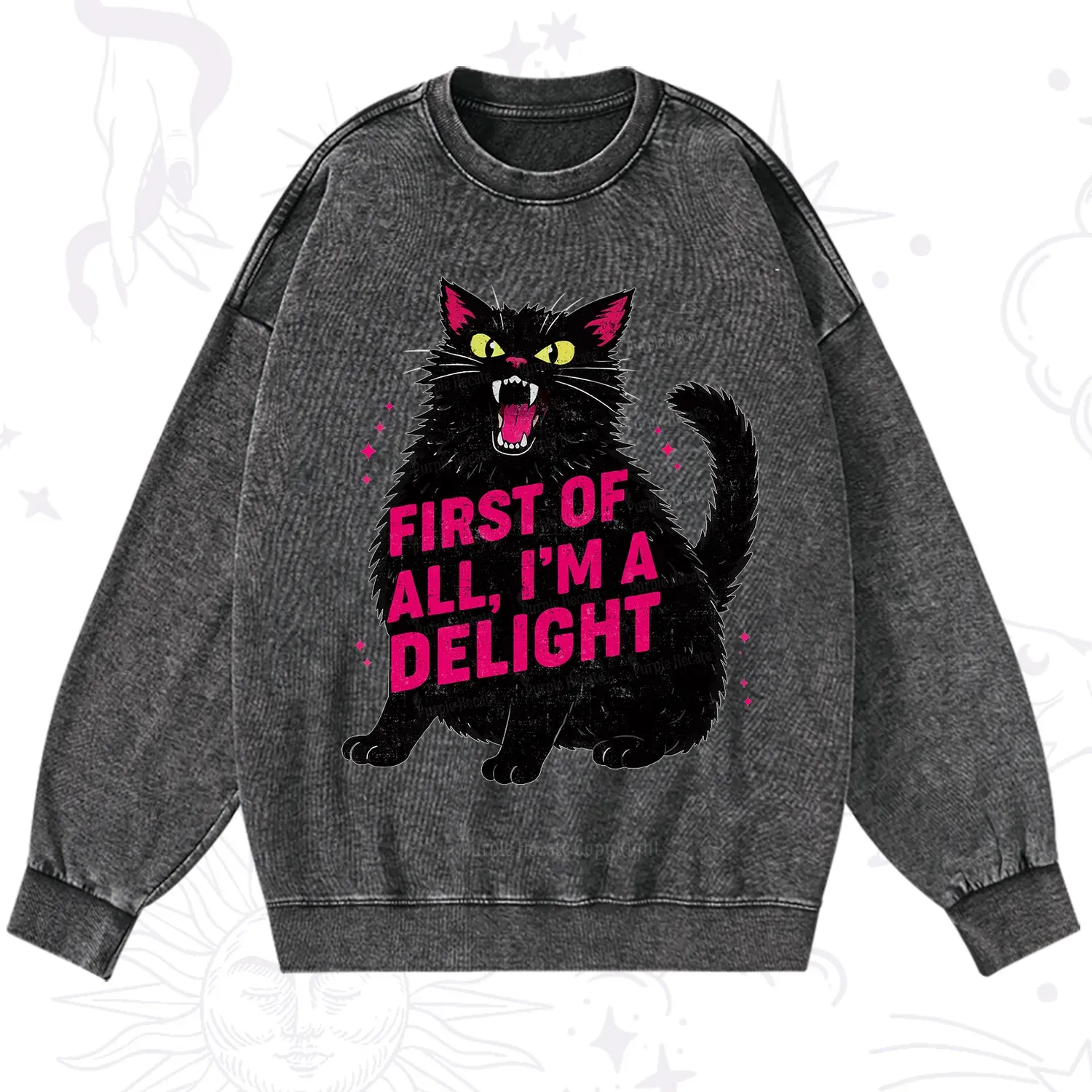 Purplehecate First Of All I'm A Delight Cat Washed Sweatshirt