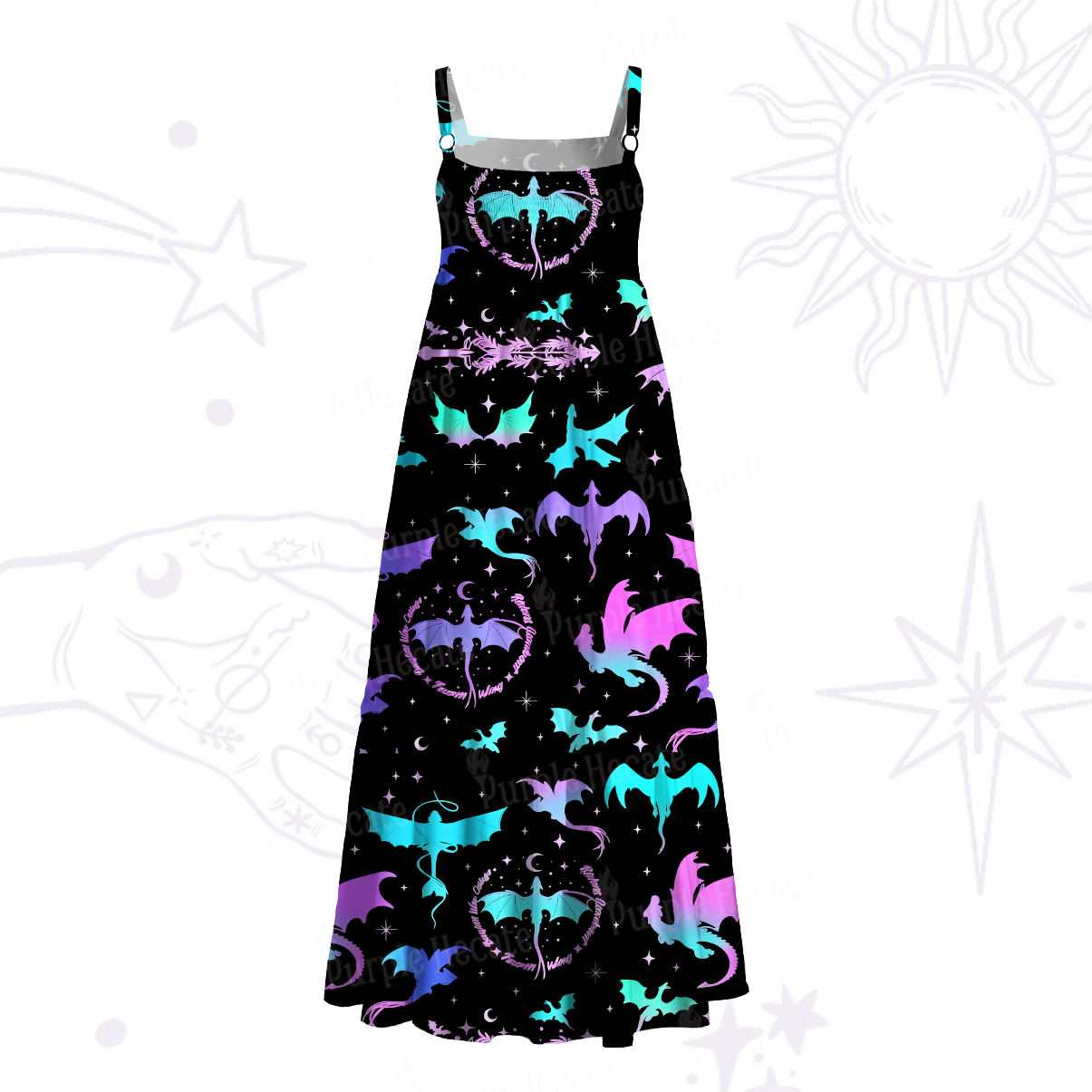 Purplehecate Neon Fantasy Dragon Allover Wide Straps Maxi Dress
