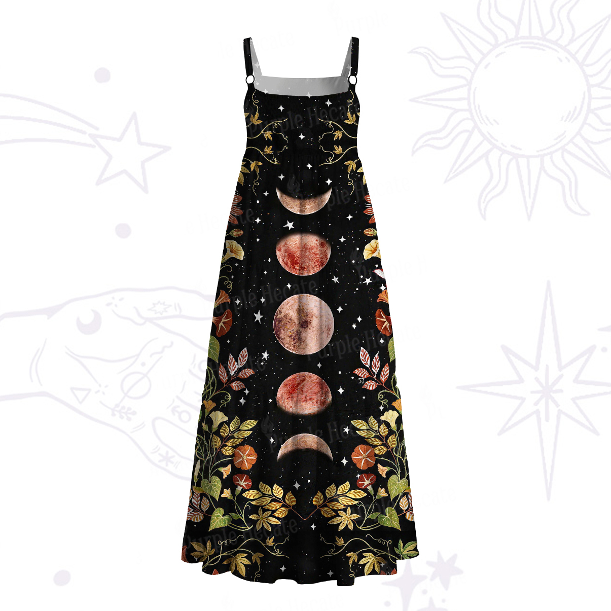 Purplehecate Moon Phase Floral Wide Straps Maxi Dress