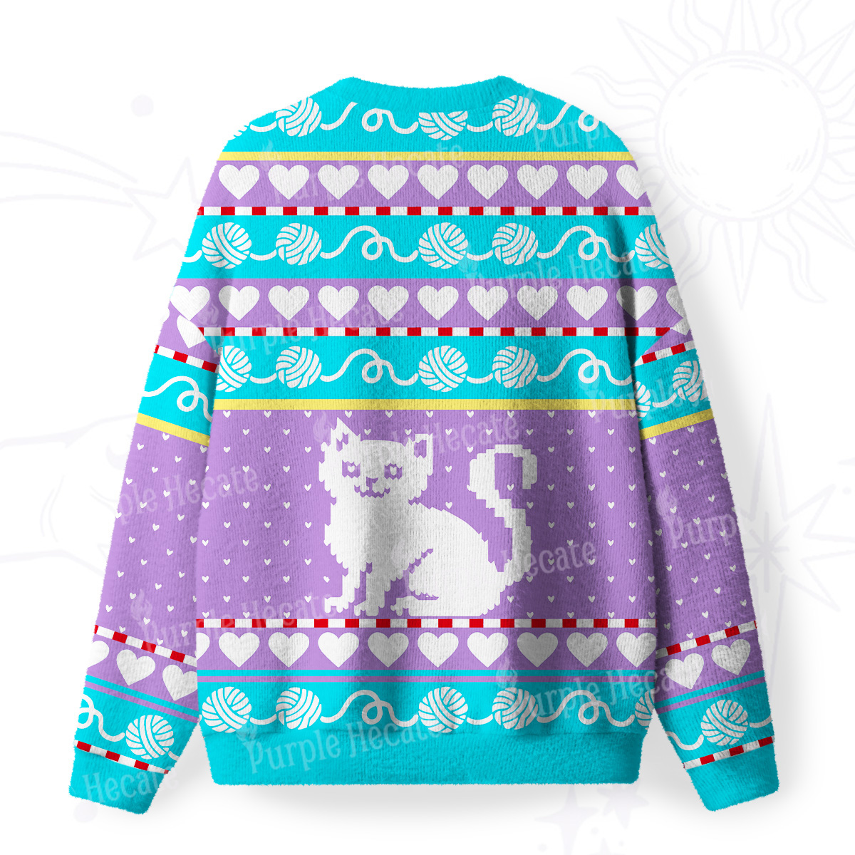 Purplehecate Whimsical Cat and Yarn Fuzzy Ugly Sweatshirt