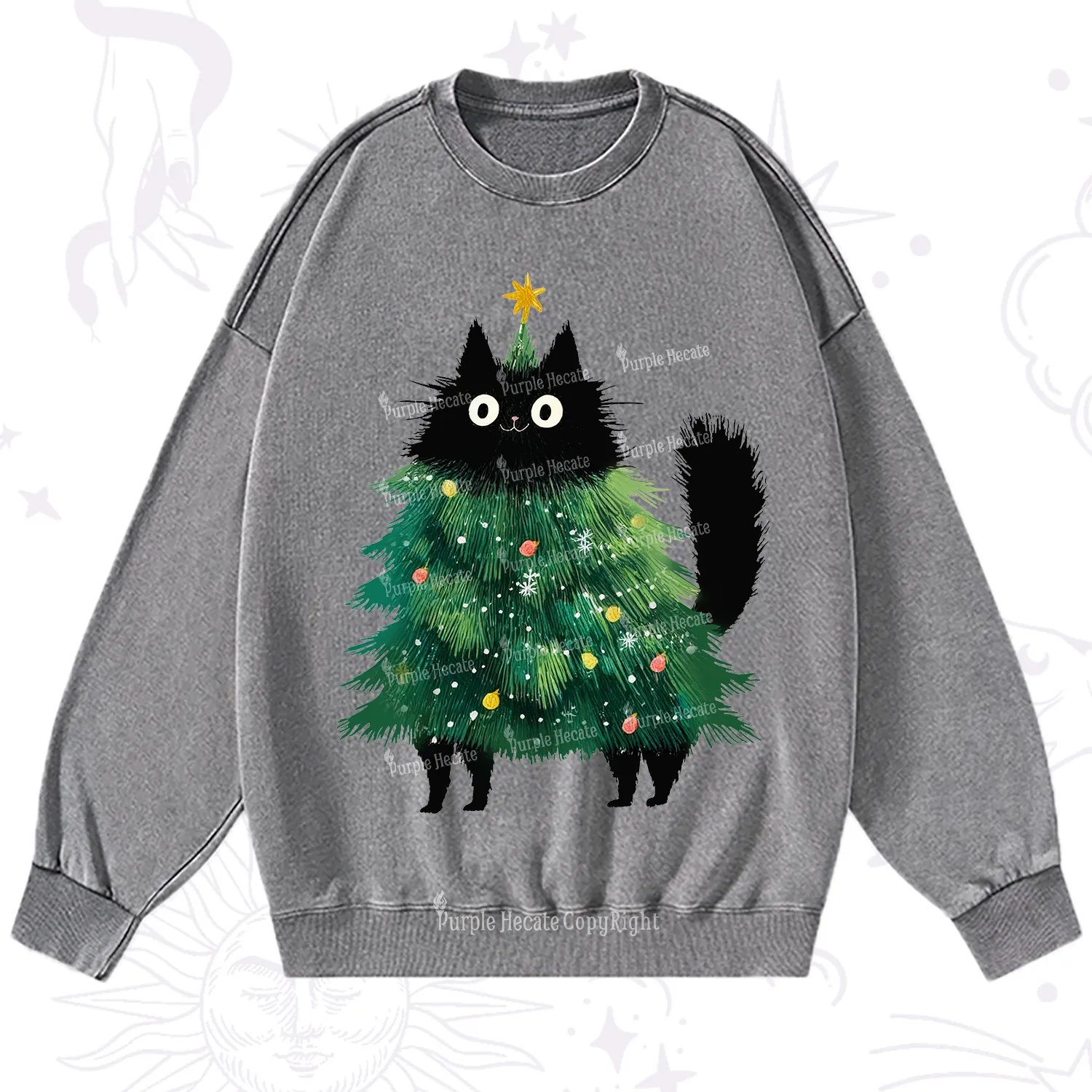 Purplehecate Black Cats Christmas Tree Christmas Washed Sweatshirt