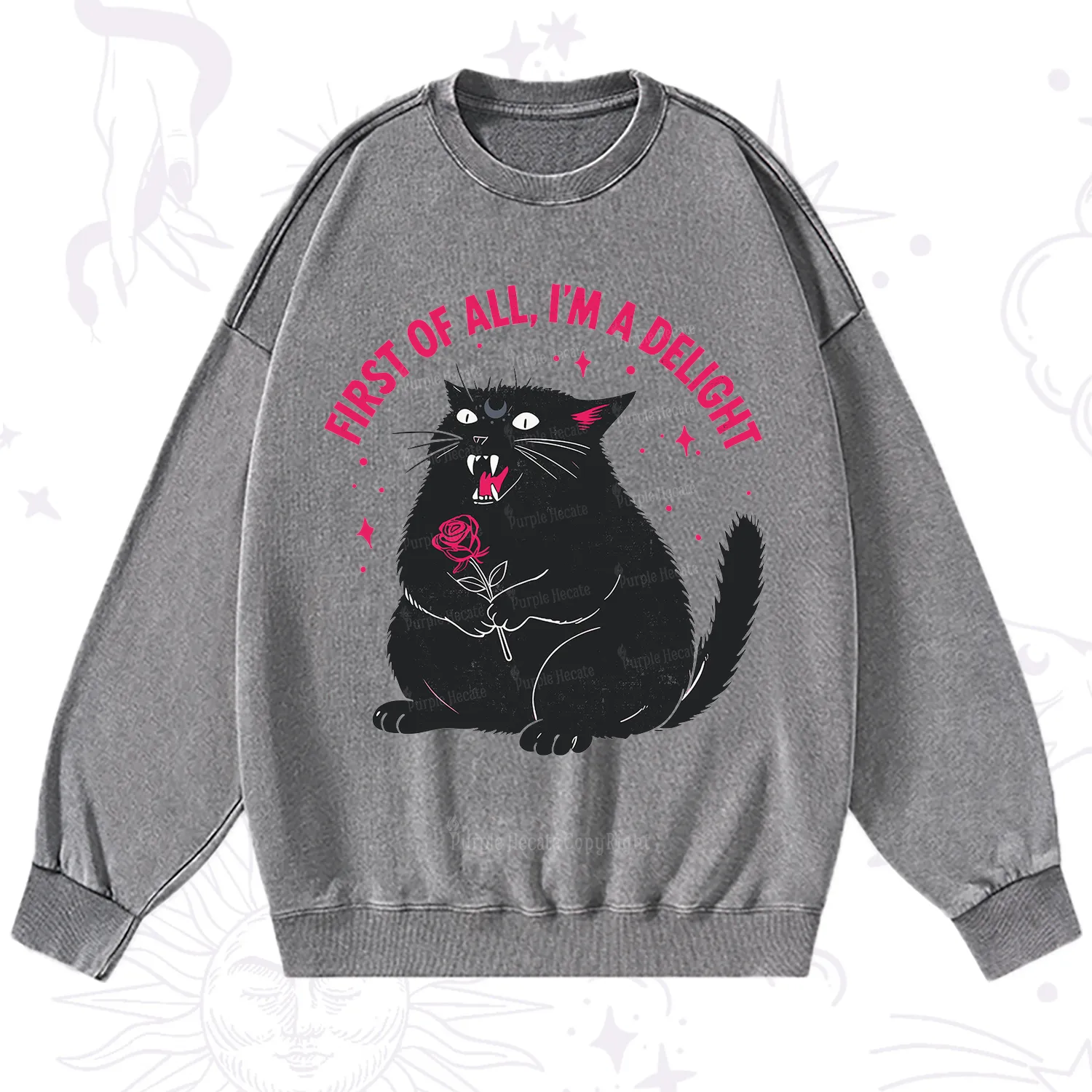 Purplehecate First Of All I'm A Delight Cat Washed Sweatshirt