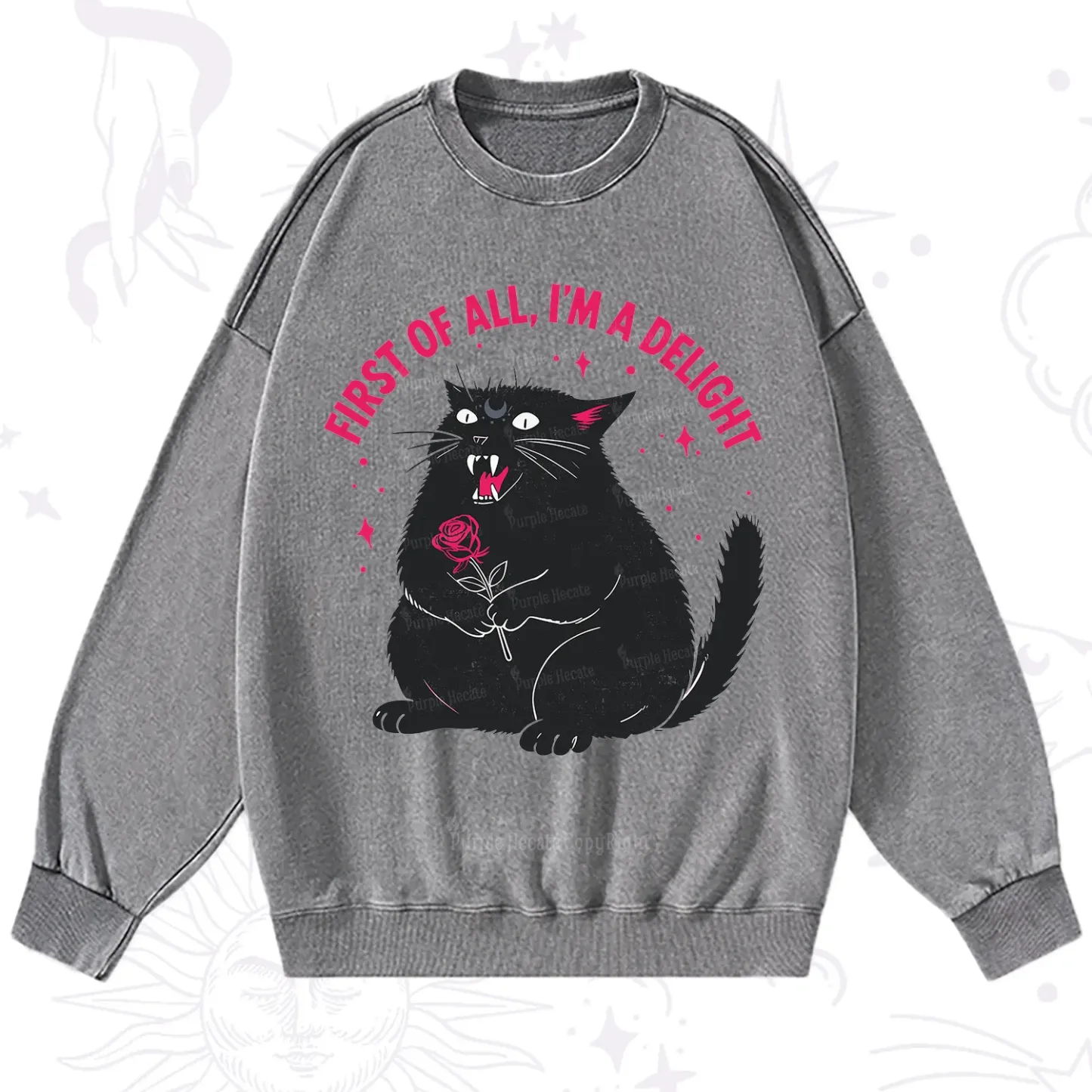 Purplehecate First Of All I'm A Delight Cat Washed Sweatshirt
