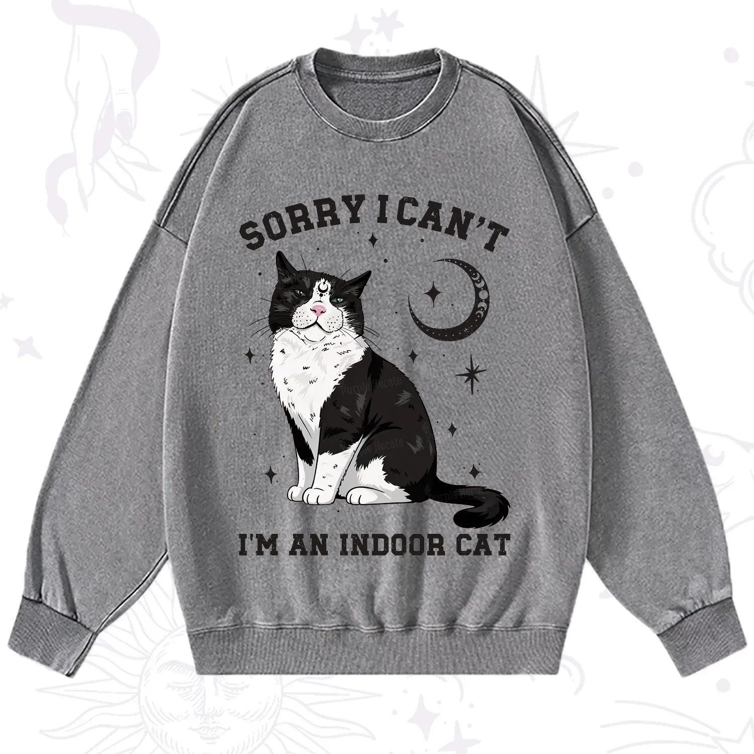 Purplehecate Sorry I Can't Go I'm an Indoor Cat Washed Sweatshirt