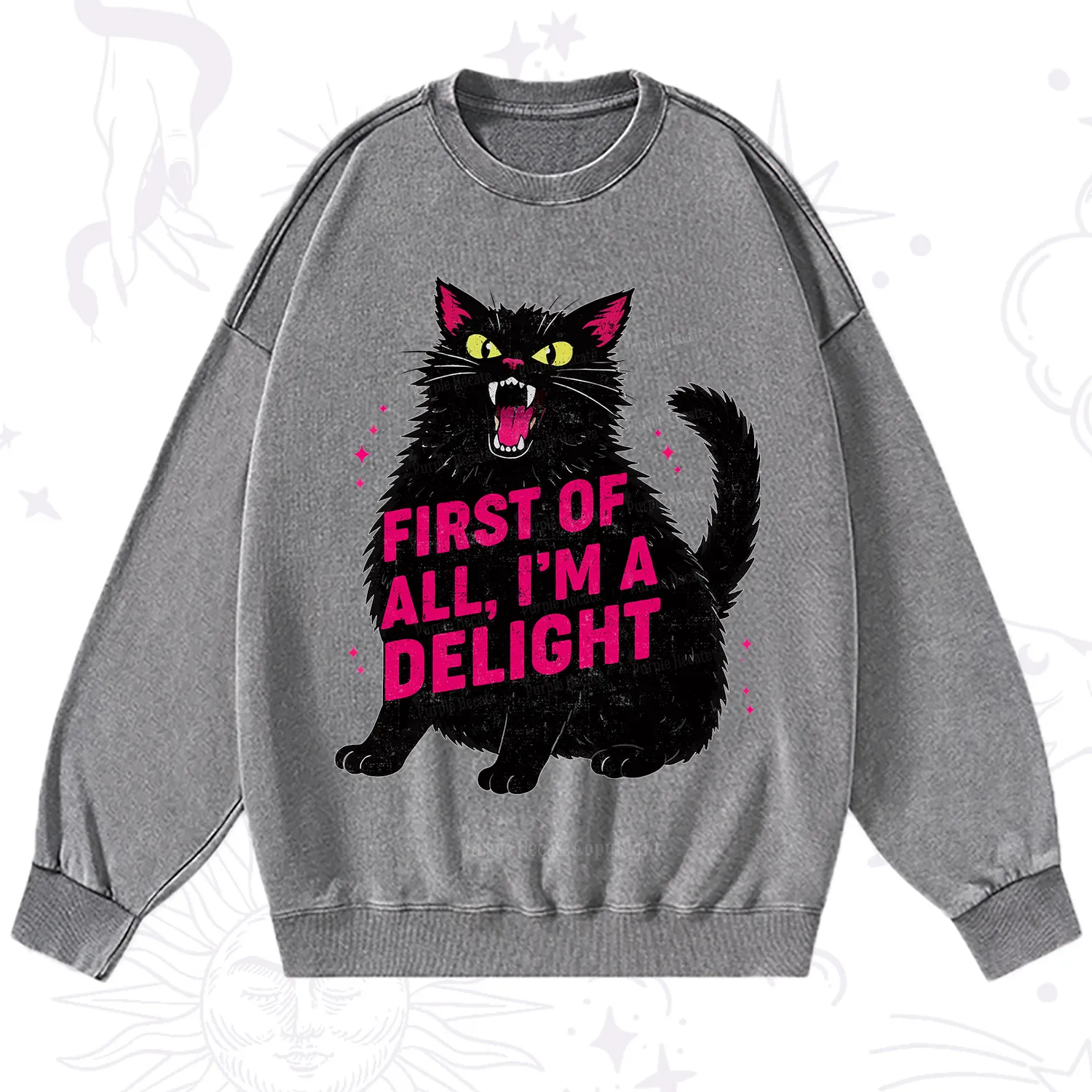 Purplehecate First Of All I'm A Delight Cat Washed Sweatshirt