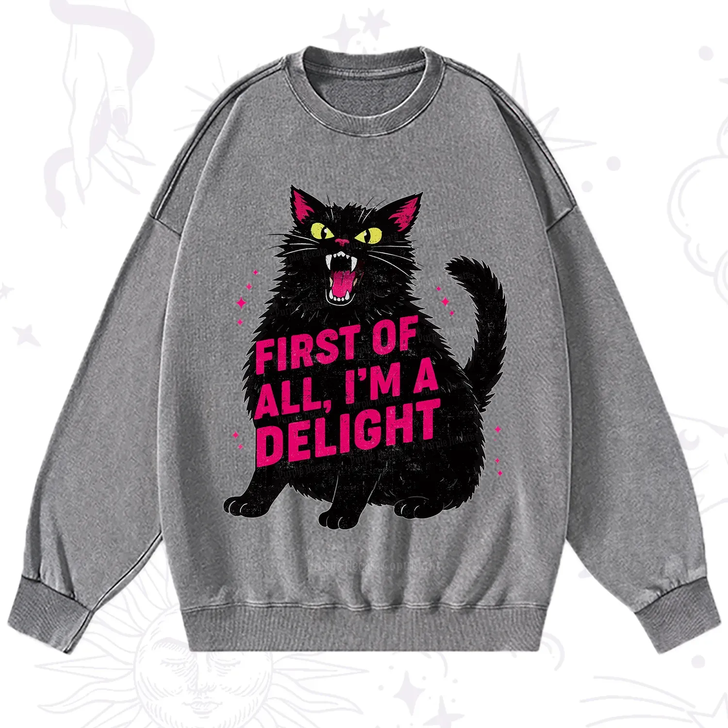 Purplehecate First Of All I'm A Delight Cat Washed Sweatshirt