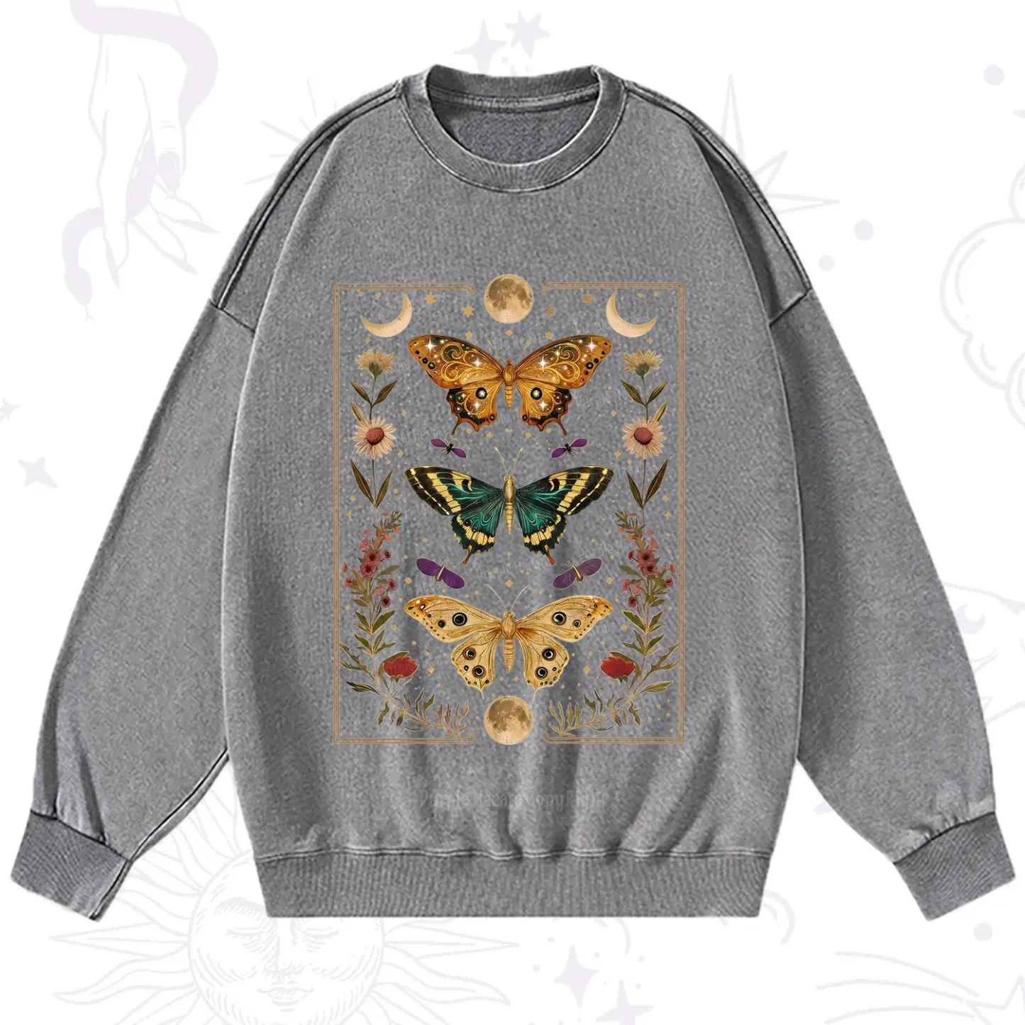 Purplehecate Sun and Moon Butterfly Washed Sweatshirt