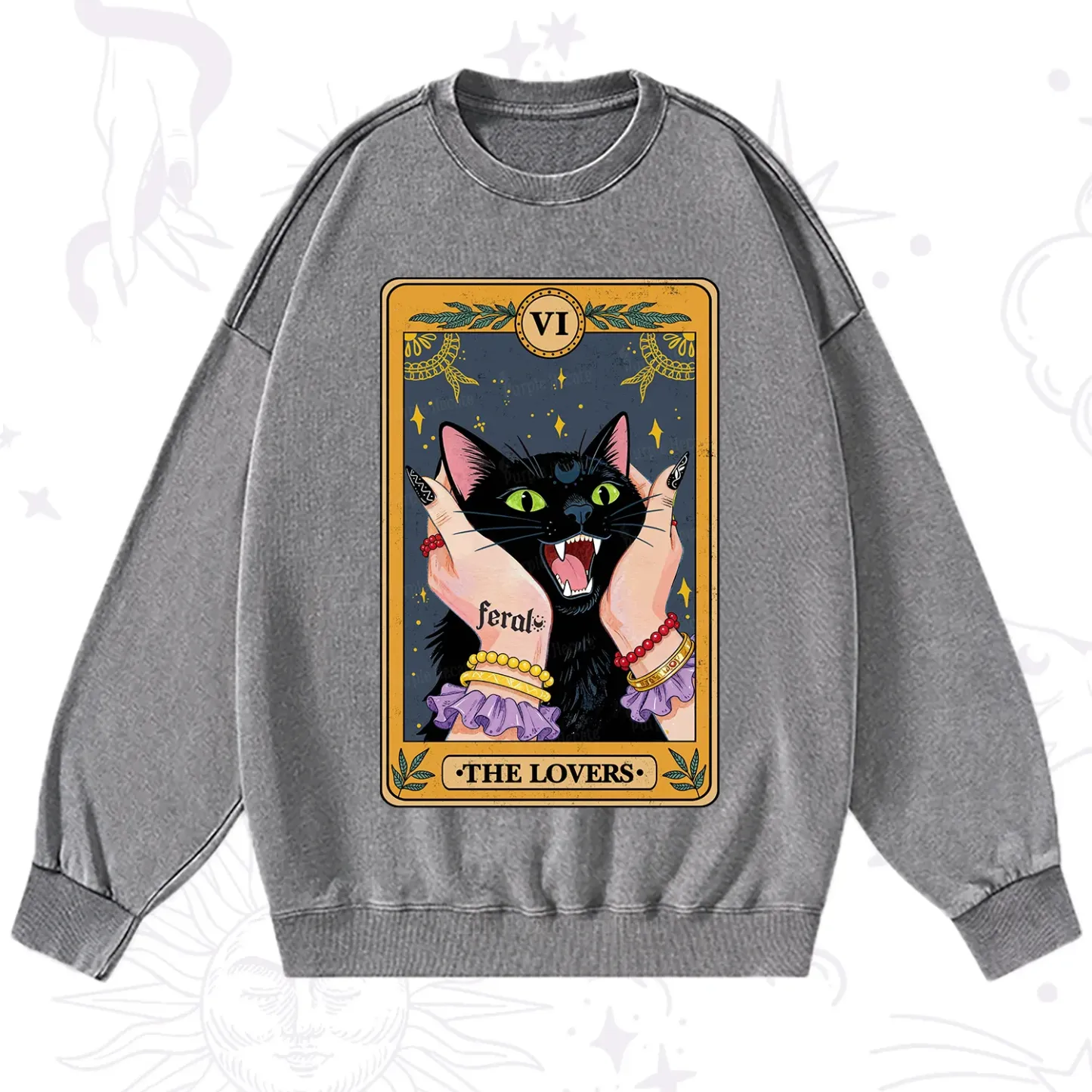 Purplehecate The Lovers Tarot Feral Cat Washed Sweatshirt