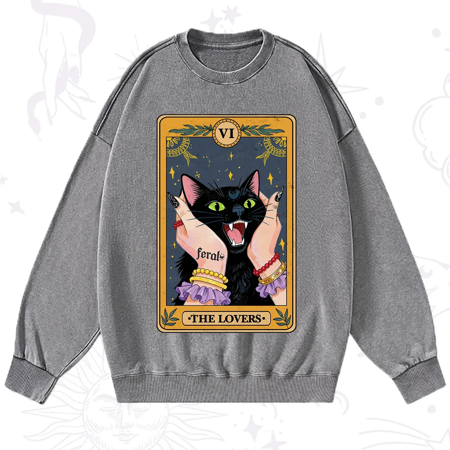 Purplehecate The Lovers Tarot Feral Cat Washed Sweatshirt