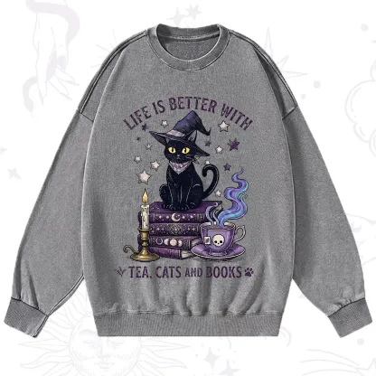 Purplehecate Life Is Better With Cats And Books Washed Sweatshirt