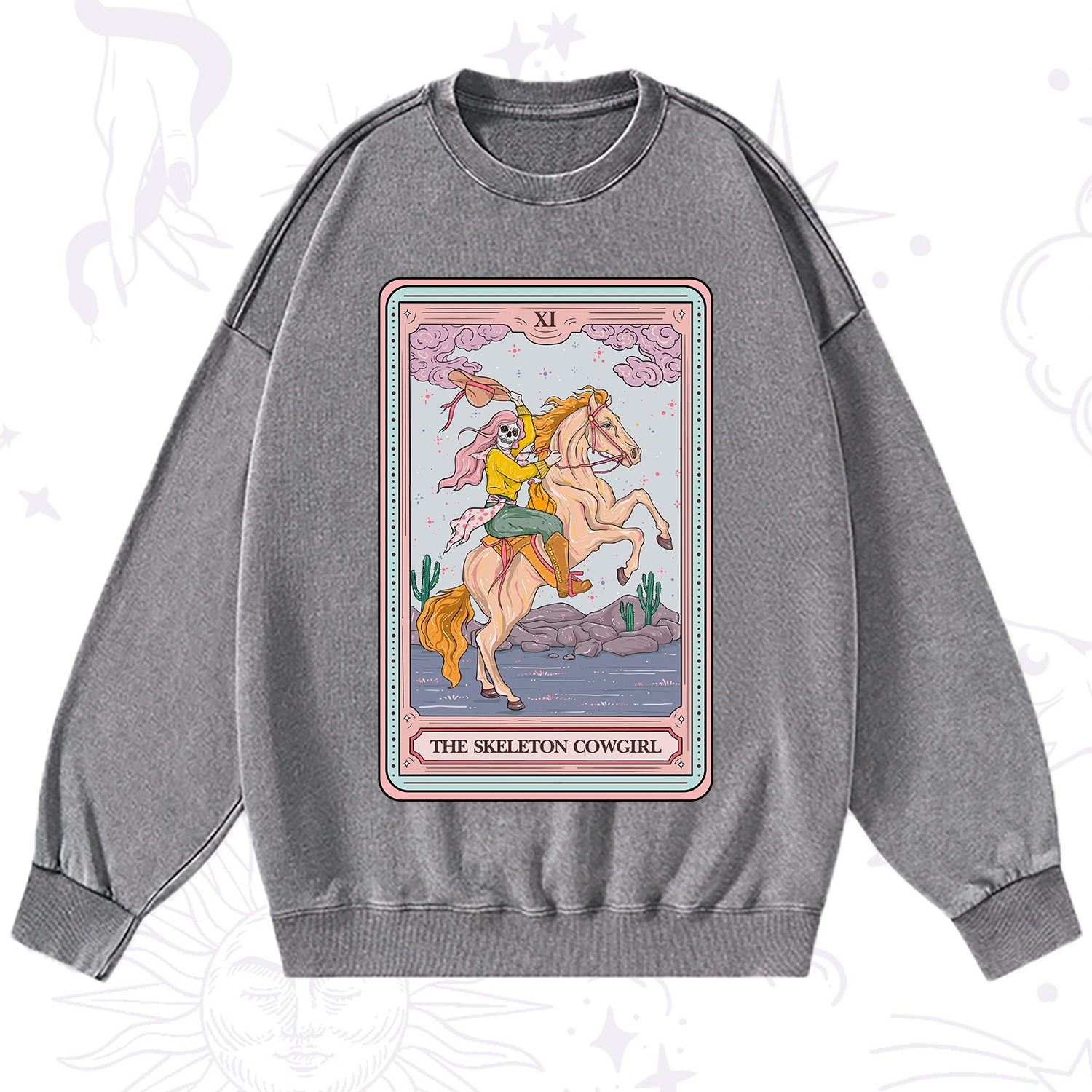 Purplehecate The Skeleton Cowgirl Tarot Card Washed Sweatshirt