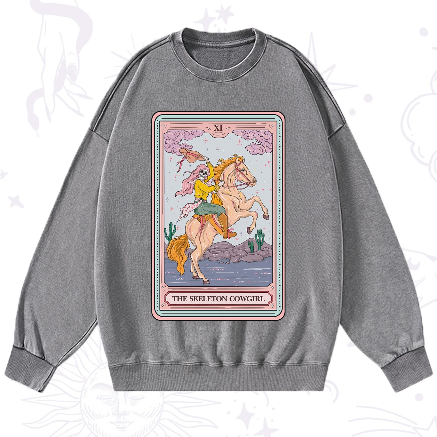 Purplehecate The Skeleton Cowgirl Tarot Card Washed Sweatshirt