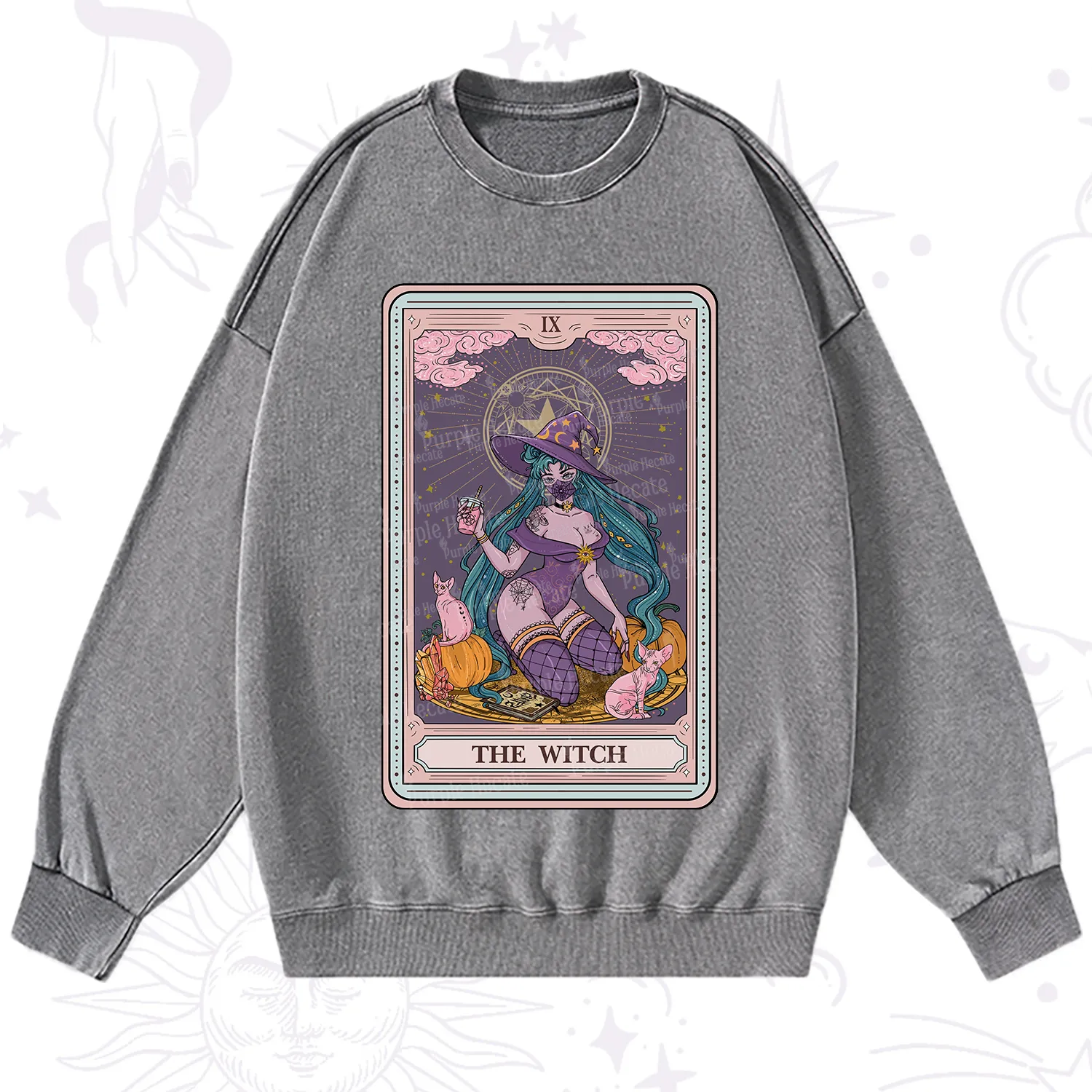 Purplehecate The Witch Tarot Halloween Washed Sweatshirt