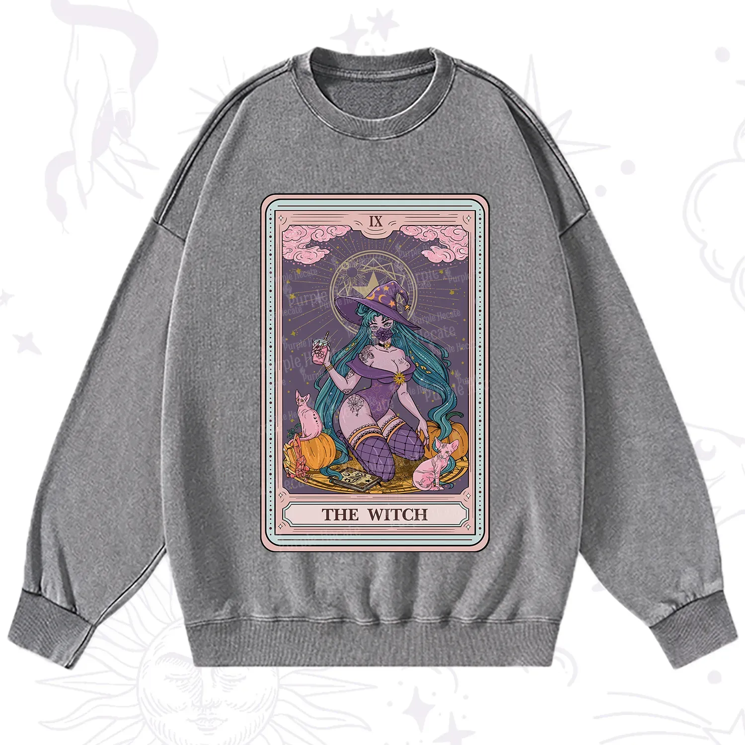 Purplehecate The Witch Tarot Halloween Washed Sweatshirt