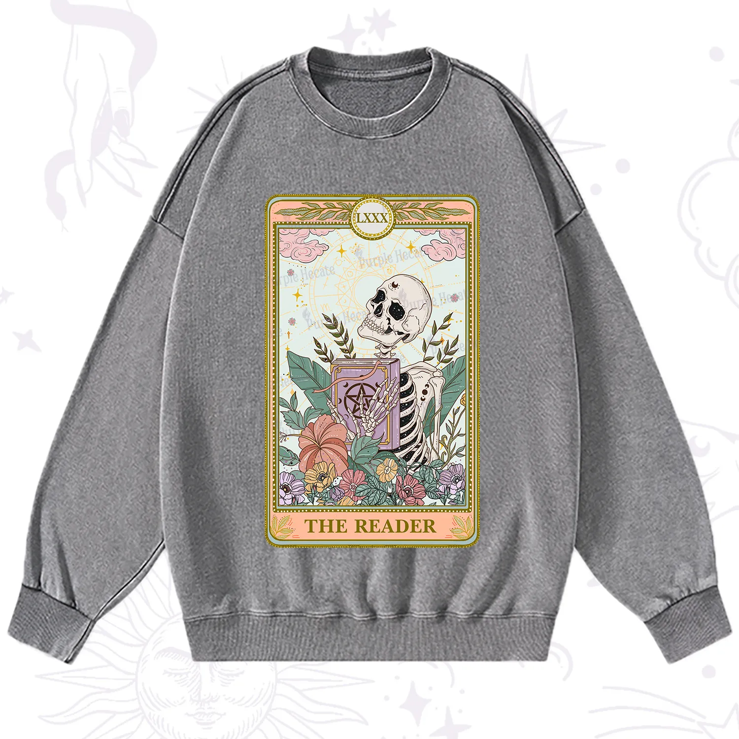 Purplehecate The Reader Occult Tarot Skeleton Washed Sweatshirt
