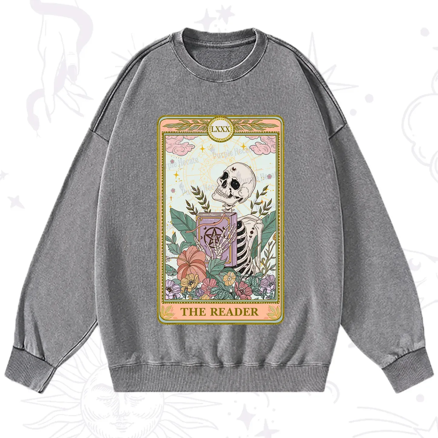 Purplehecate The Reader Occult Tarot Skeleton Washed Sweatshirt