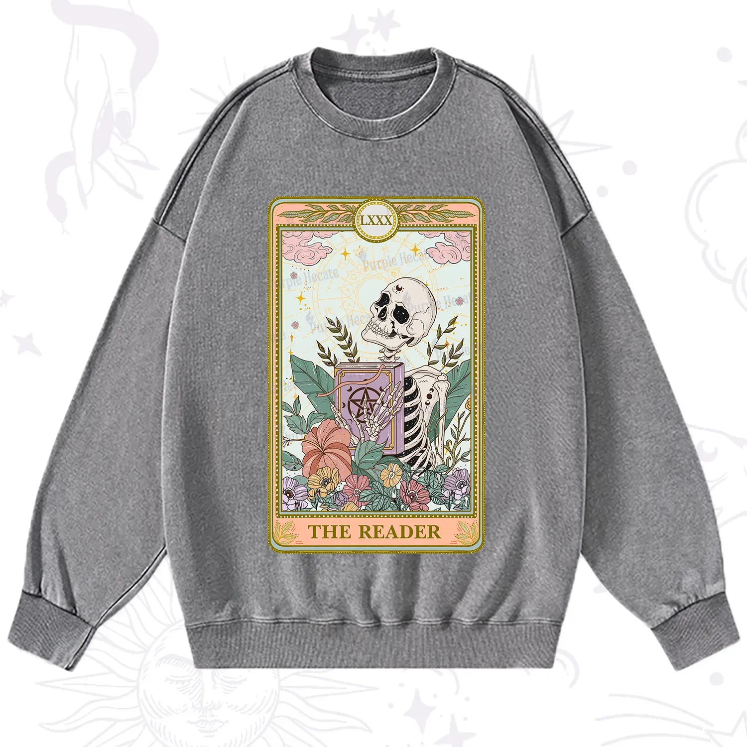 Purplehecate The Reader Occult Tarot Skeleton Washed Sweatshirt