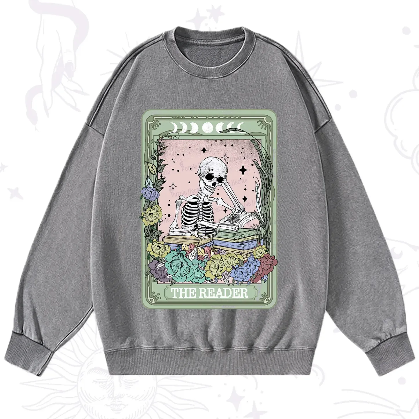Purplehecate The Reader Bookworm Tarot Skeleton Washed Sweatshirt
